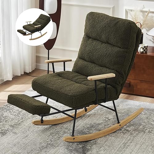 MEETFAV Mecedora para guardería con respaldo ajustable, moderna mecedora deslizante de peluche con respaldo alto, reposapiés retráctil, silla