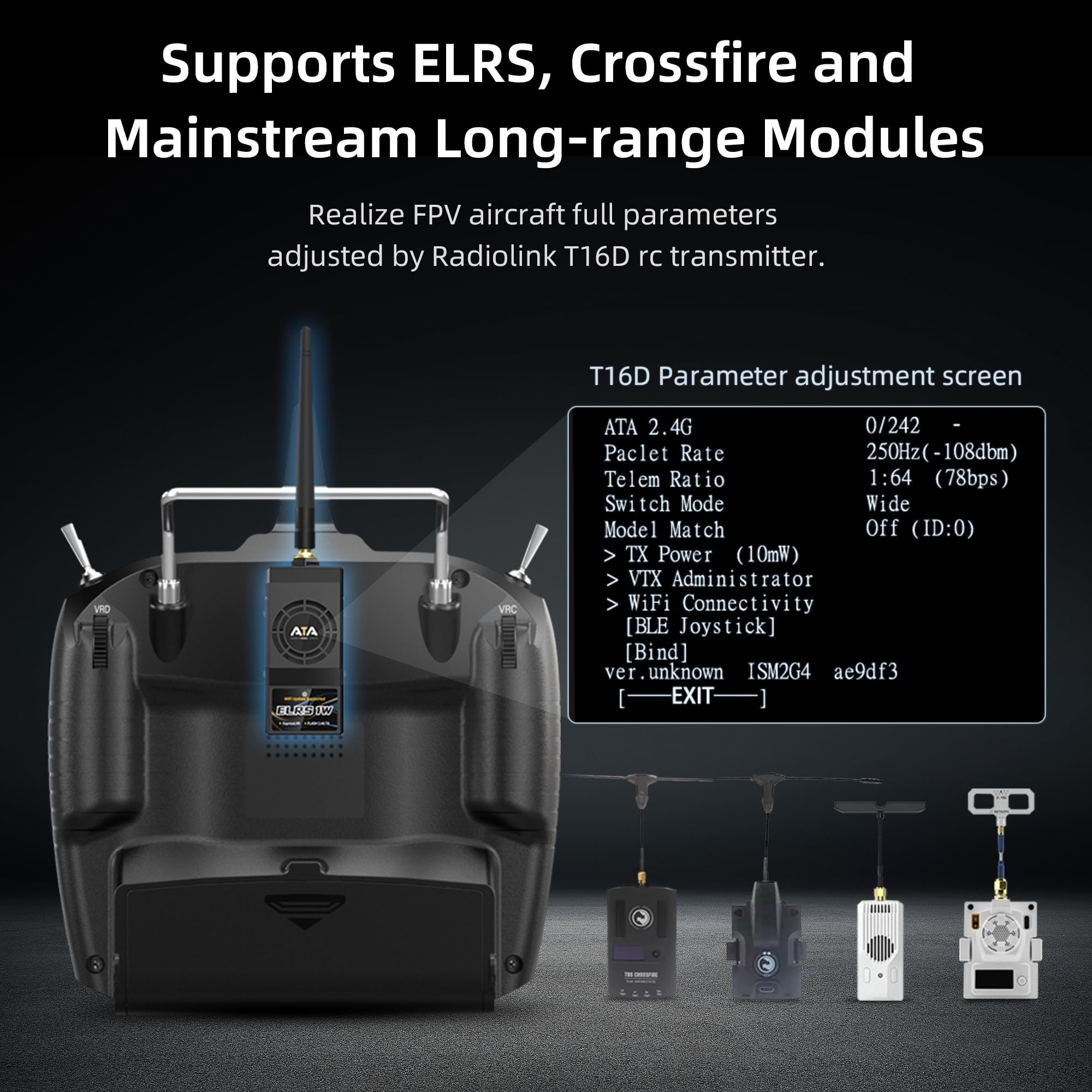 Radiolink T16D transmitter with voice broadcast prompts like 'Turn on cruise control', 'Landing gear open', 'Manual Mode', 'Stabilize Mode', 'Stunt mode', and 'Return to origin'