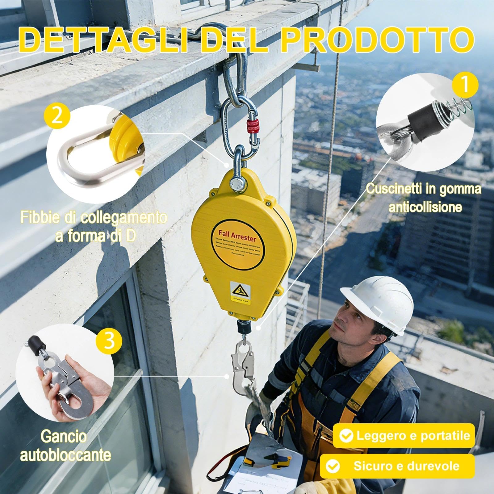 Dispositivo Anticaduta Retrattile 3-20M, Imbracatura Sicurezza Anticaduta Lavori in Quota, Richiamo Automatico e Gancio Autobloccante per Edilizia Tetto Elettrica(Giallo,10m)