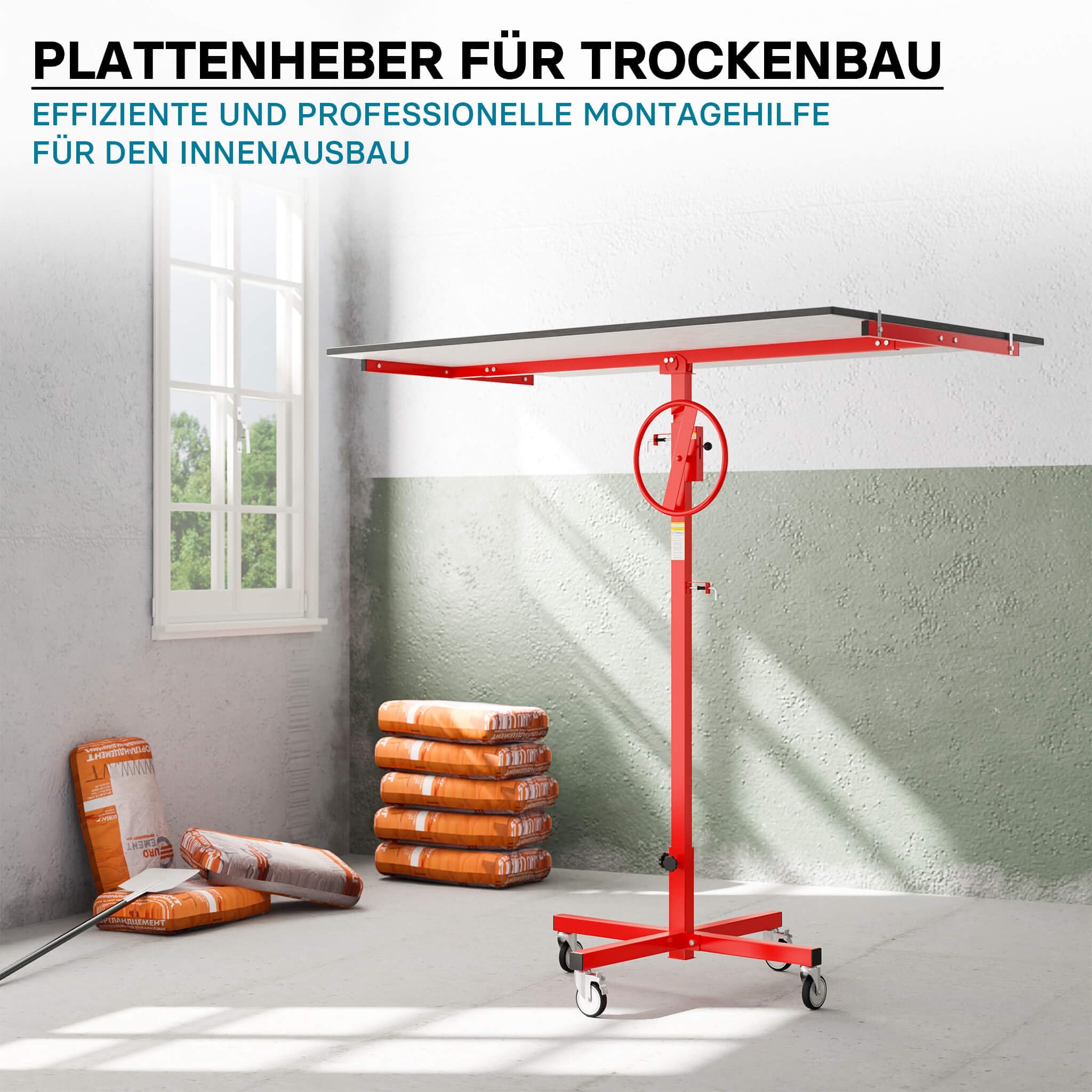 XPOtool Plattenheber bis max. 40 kg, Höhe 170-290 cm, Montagehilfe für Trockenbau, Paneelheber mit 4 Rädern mit Feststellbremse