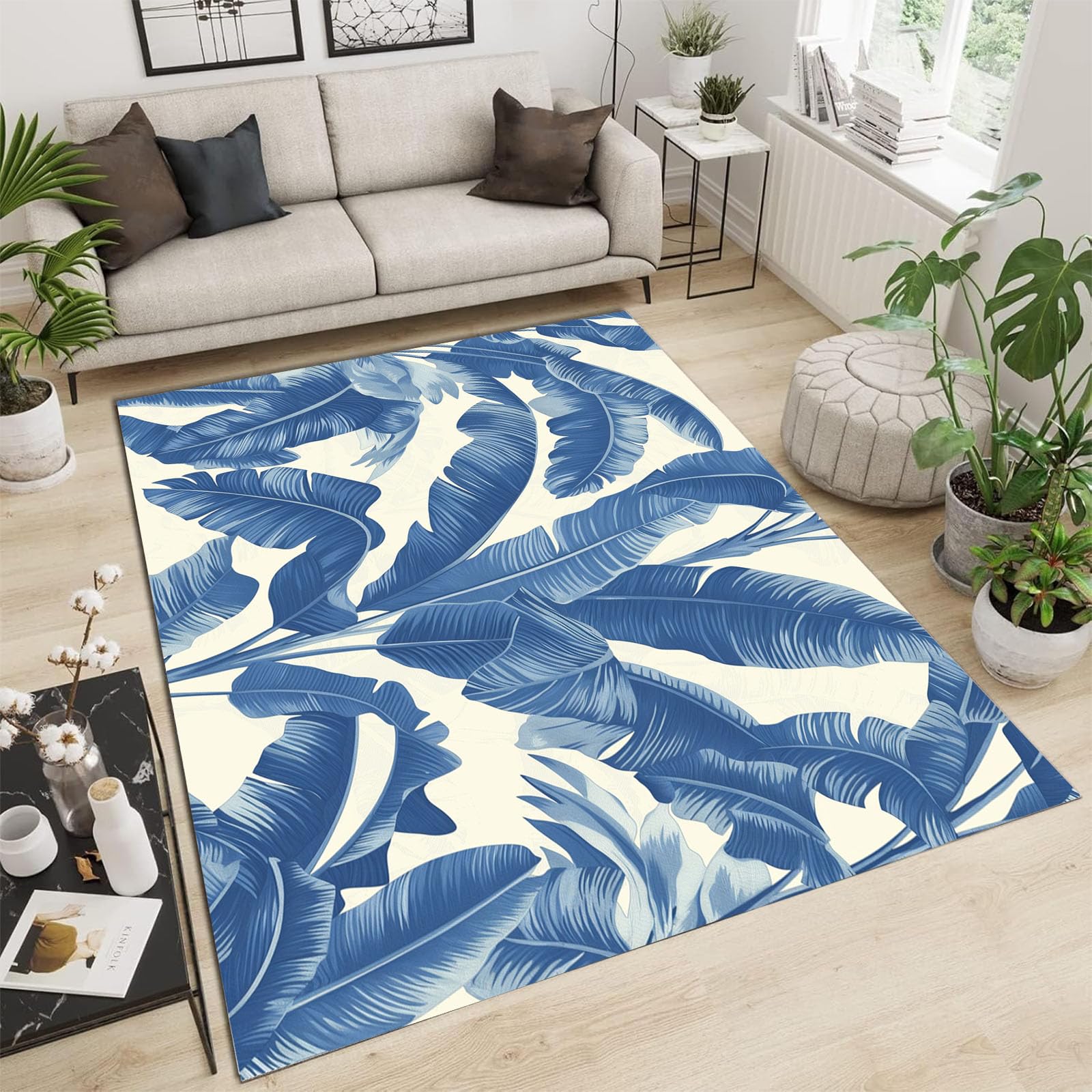 Tapis Lavable en Machine Indigo 120x180 cm Bohème Imprimé Palmier Antidérapant