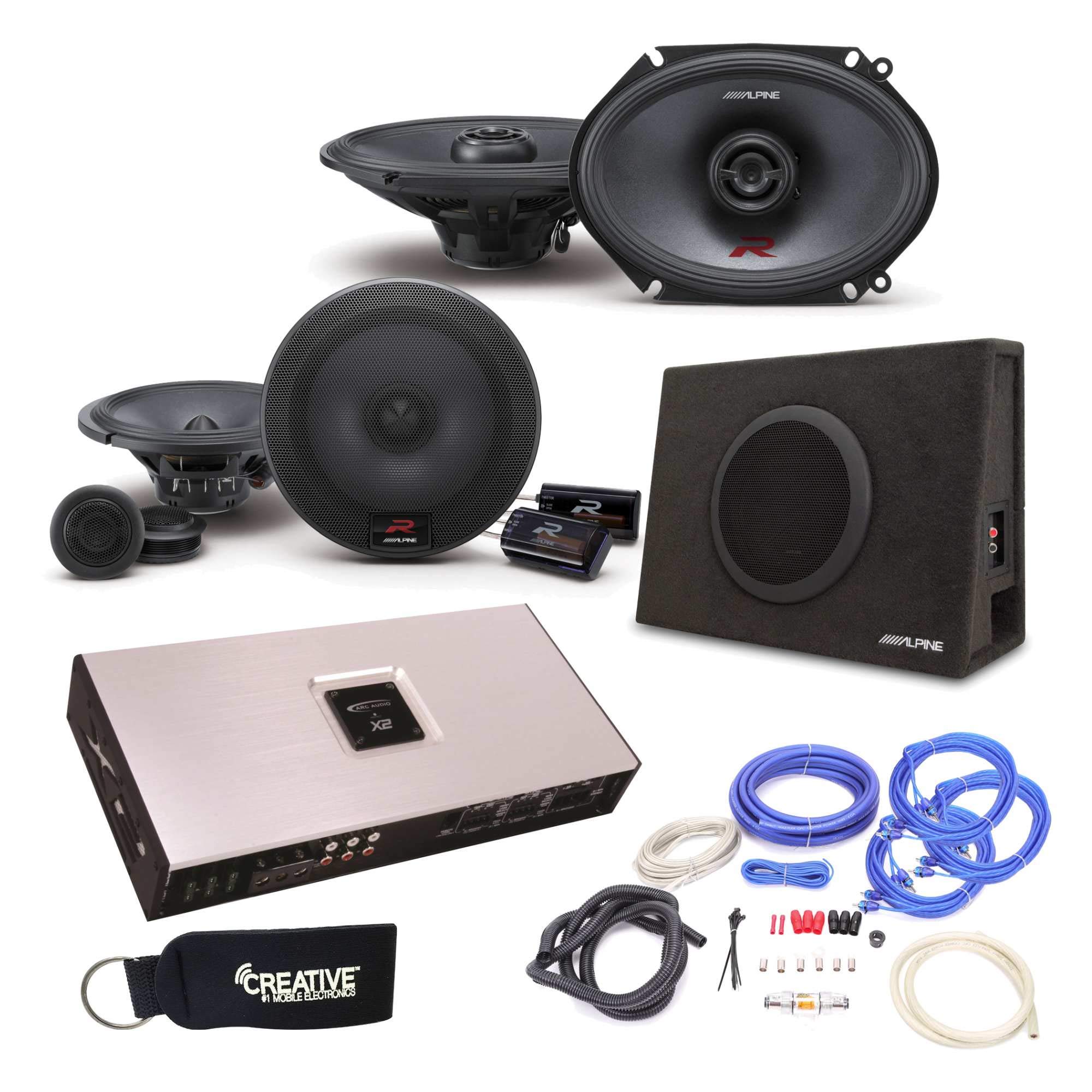 Alpine Type-R R-S65C 6.5" Components, R-S68 6x8" Speakers, SBT-S10V 10" Truck Sub, Arc Audio X2-1200.6 Amp & wire kit