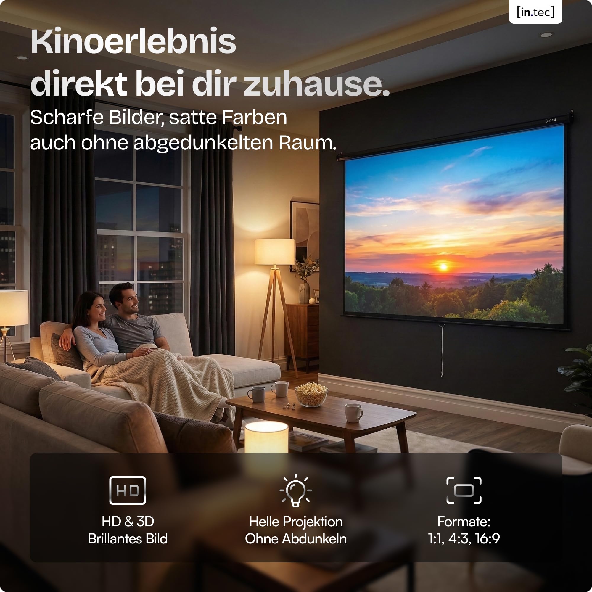 in.tec Projektionsleinwand HD 3D Beamer 113 Zoll Rollo-Leinwand selbstaufrollend 203 x 203 cm Wandmontage Deckenmontage alle Formate für Heimkino Büro Seminare