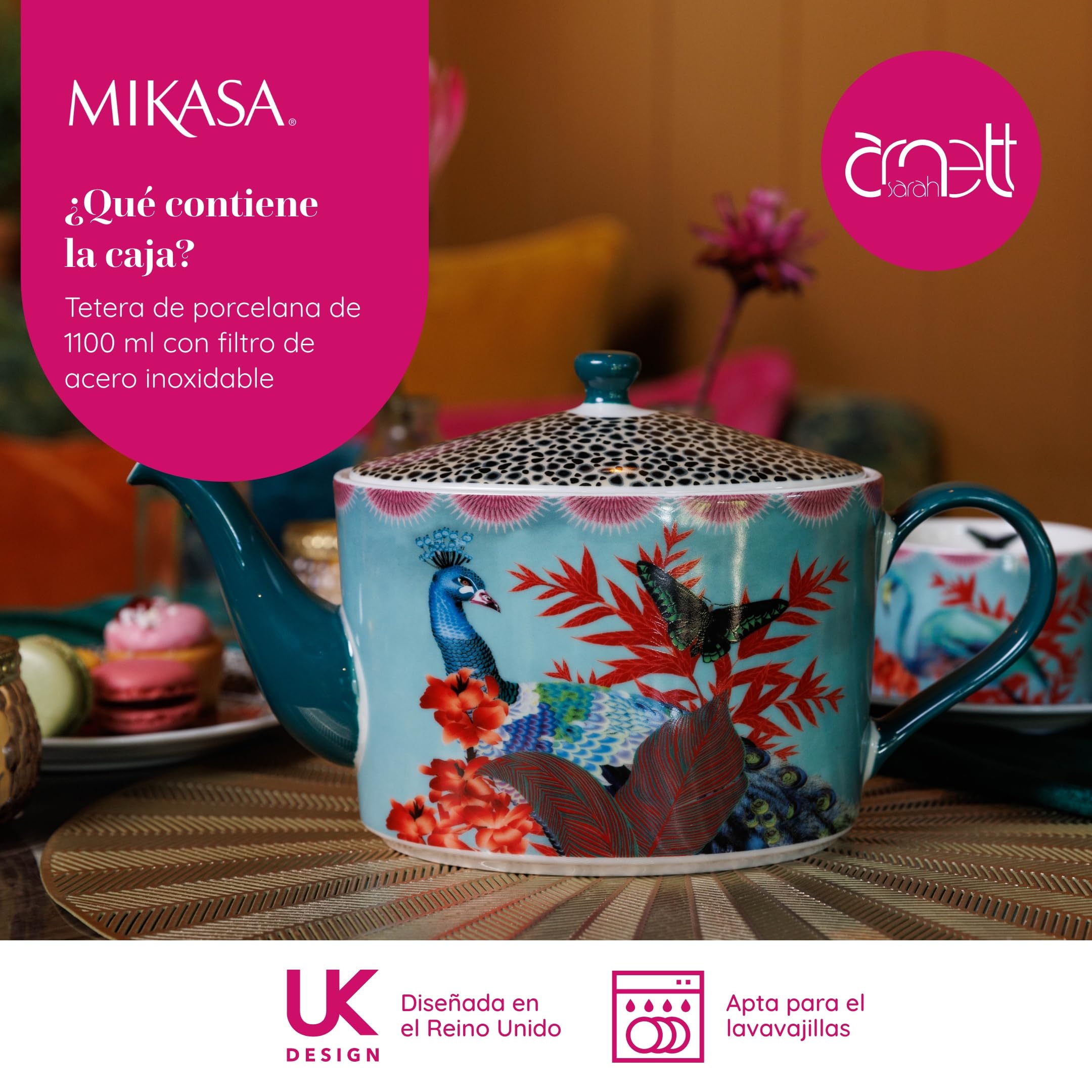 Mikasa x Sarah Arnett Tetera, Tetera de Porcelana con Tapa, Estampado Tropical para Entretenimiento, 1.1L - Caja de Regalo y Apta para Lavavajillas
