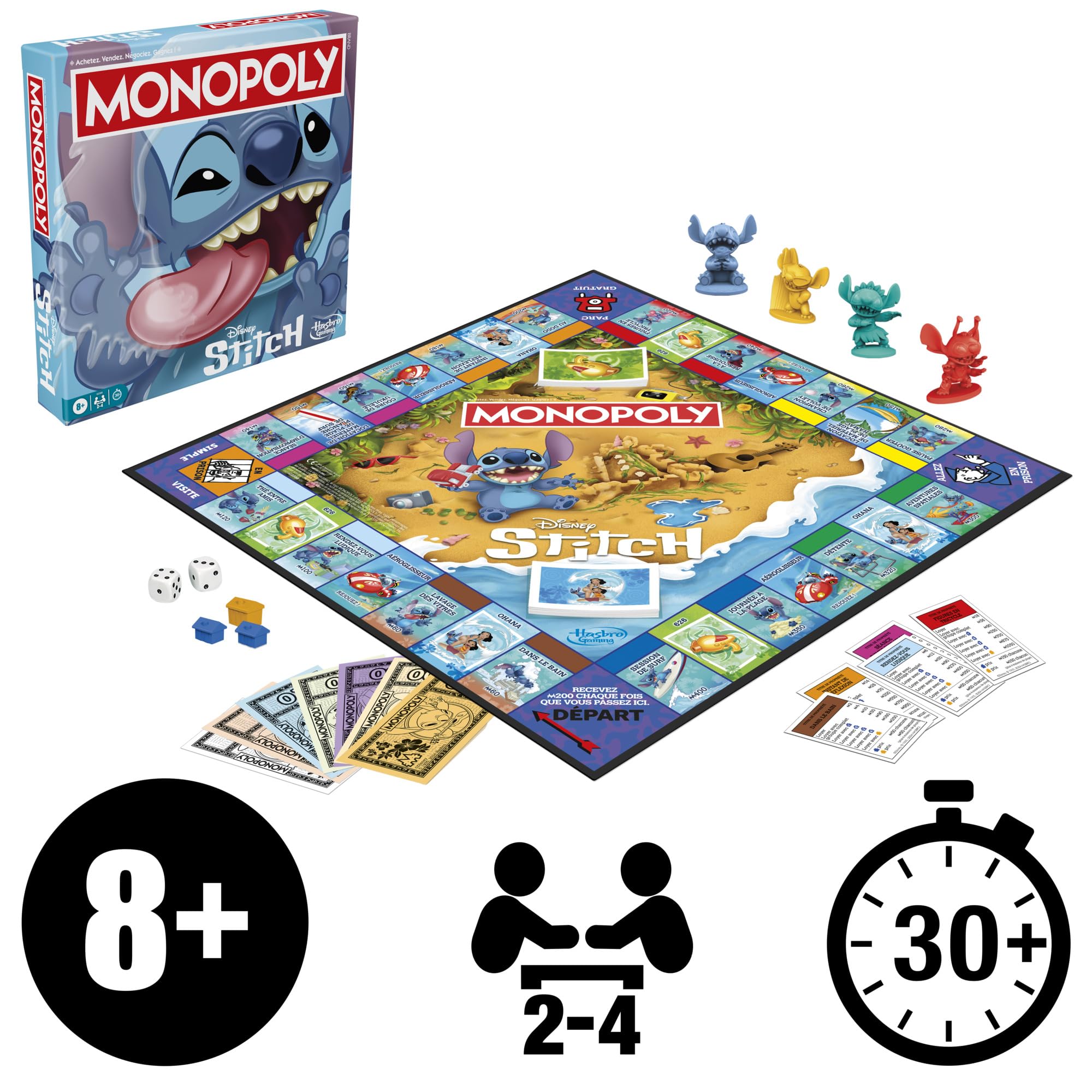 Jeu de Plateau Monopoly édition Disney Stitch - Version française, Jeu de société Familial et multijoueur pour Enfants, Ados et Adultes, Jeu de société, Dès 8 Ans