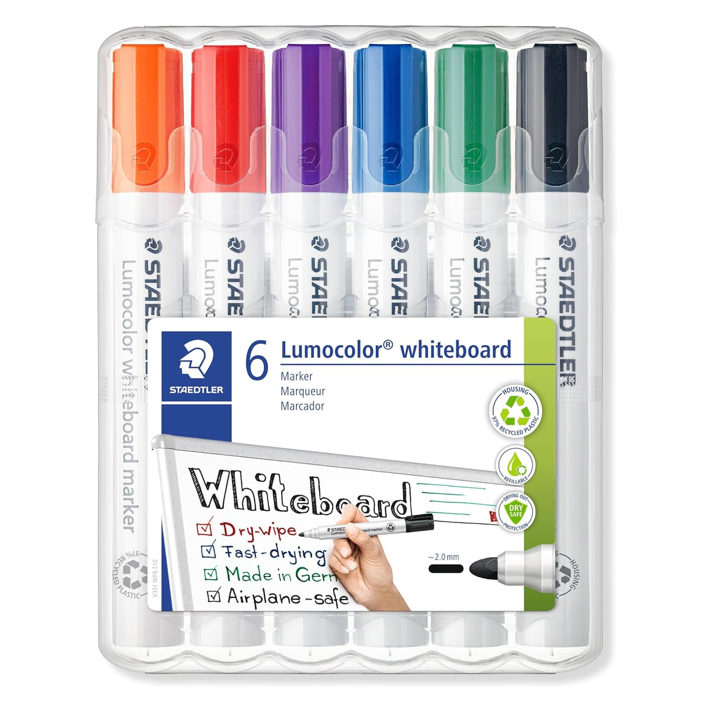 STAEDTLER Lumocolor 351 B WP6, Rotuladores para Pizarra Blanca, Estuche con 6 Marcadores de Colores Variados, Blíster con Seis Marcadores.