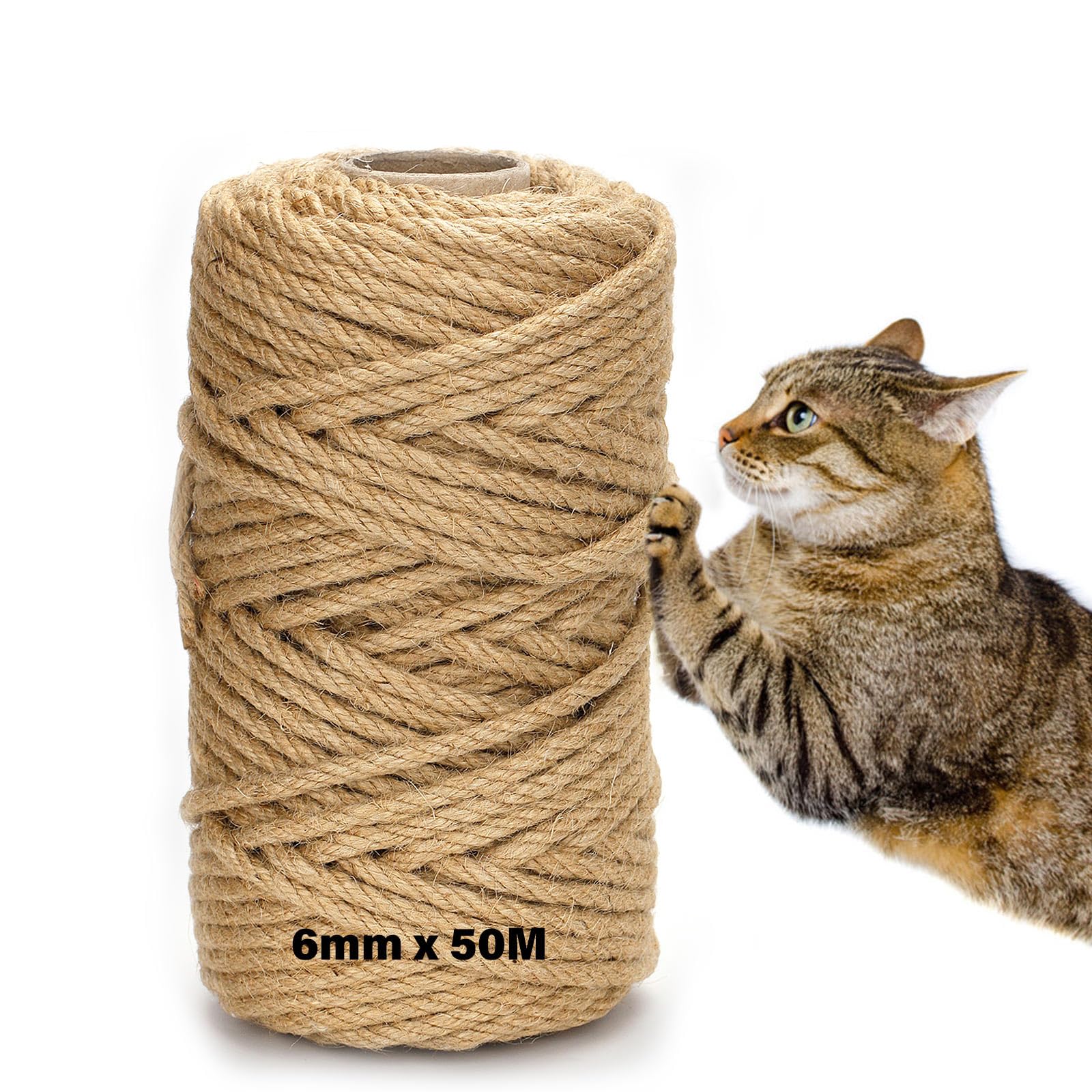 DOBIGER Corda Tiragraffi per Gatti 50m, 6mm Corda Juta Naturale, Corda Sisal per Tiragraffi per Gatti, Corda di Canapa para Decoración del Hogar y el Jardín