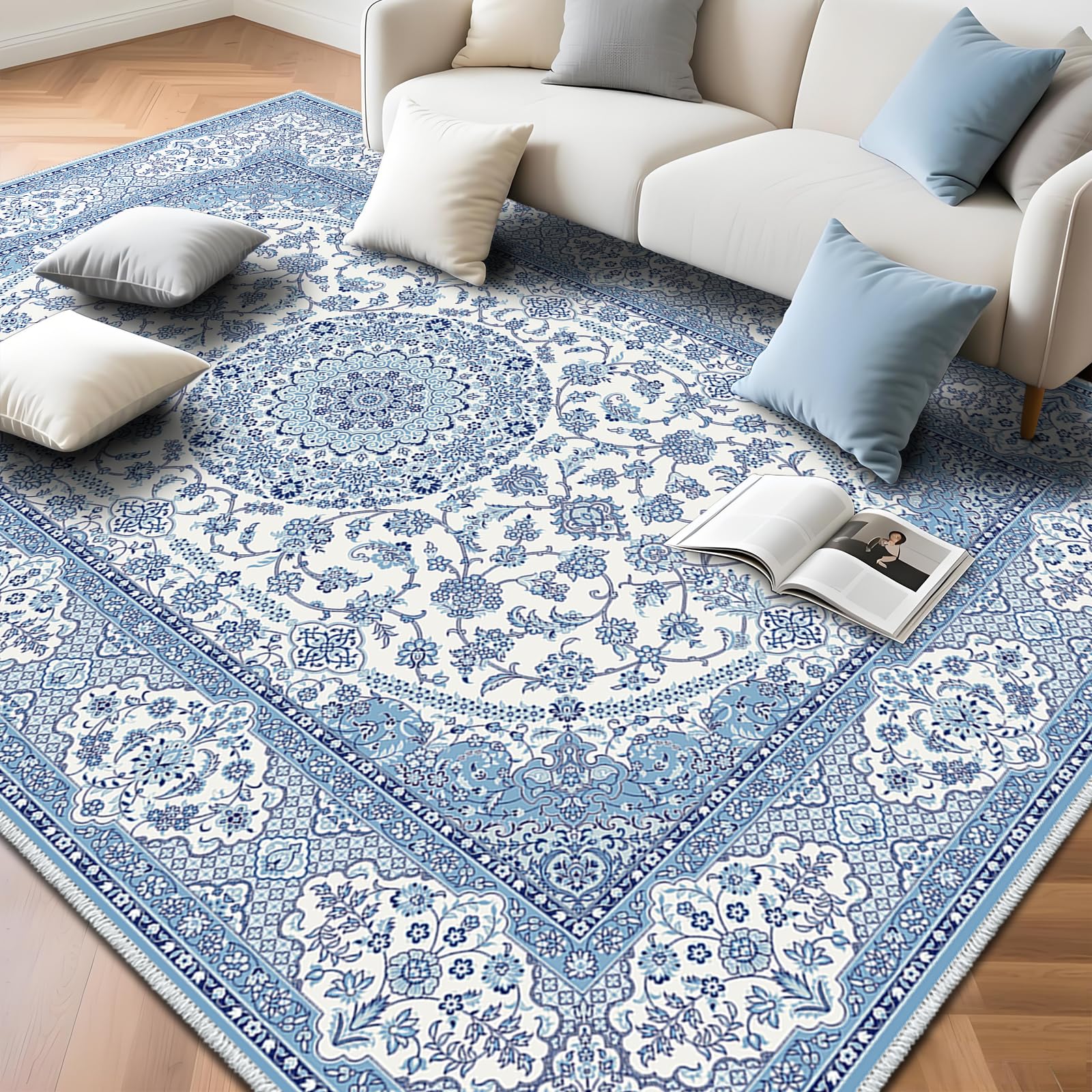 Amazon | FORTSEA 洗えるラグ 230×320 大判 落ち着き ブルー ペルシャ