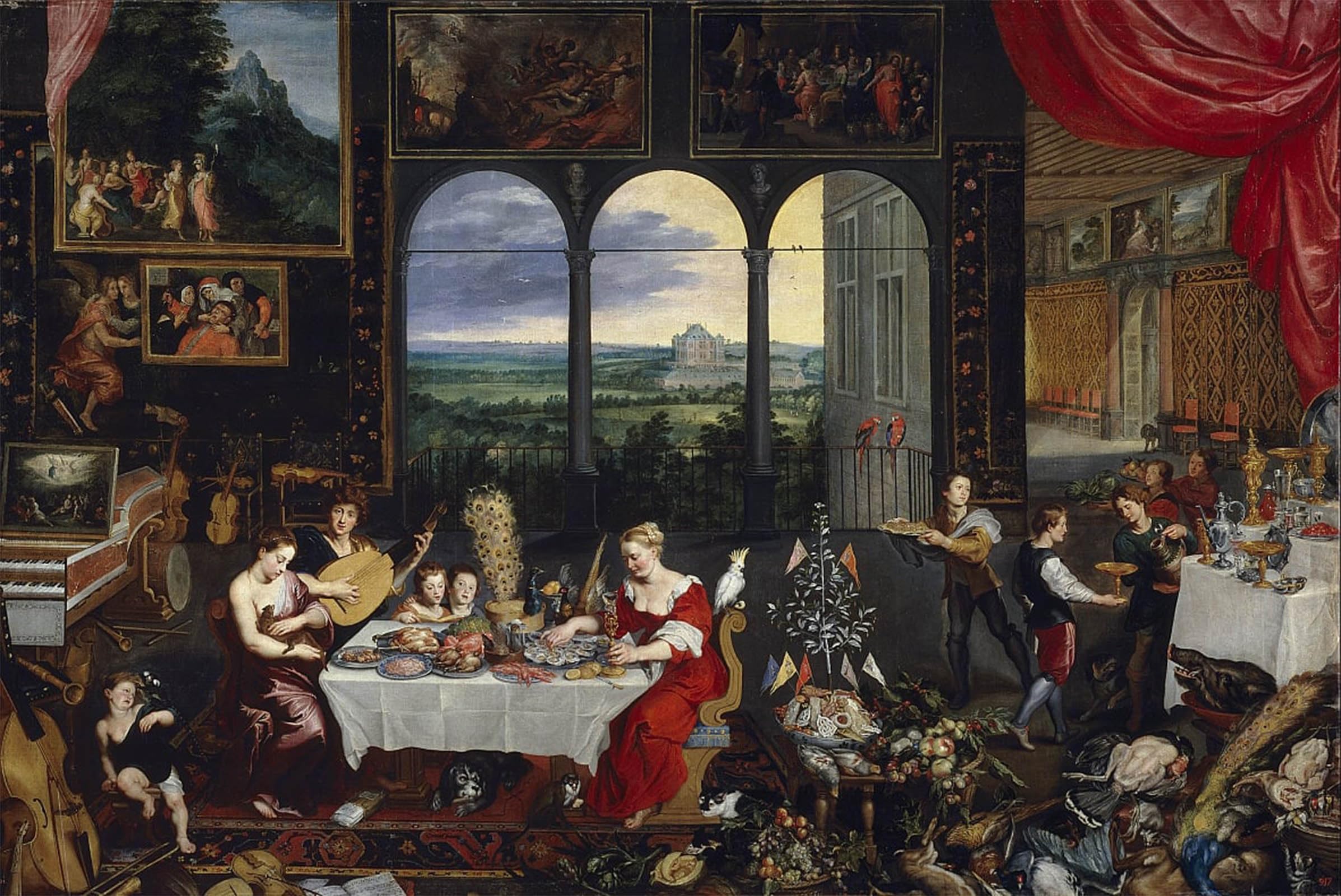ARTXLXXBN Famous Painting Art Wall Decor Abstract Art Picture the Senses of Hearing Touch and Taste by Jan the Elder Brueghel Animal Pictures for Home Decor 60x90cm