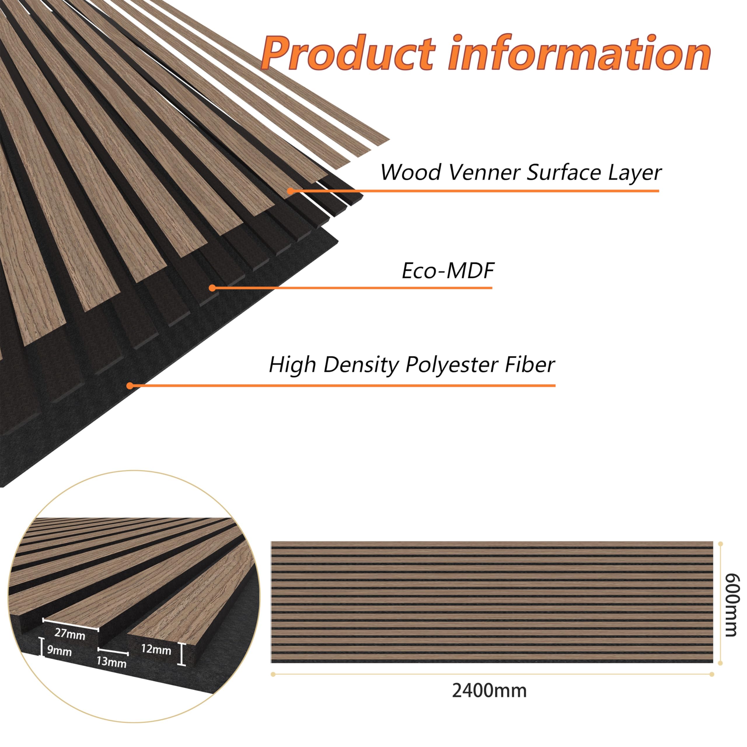 Lot de 2 - 240×60cm panneaux muraux acoustiques MDF chêne noyer