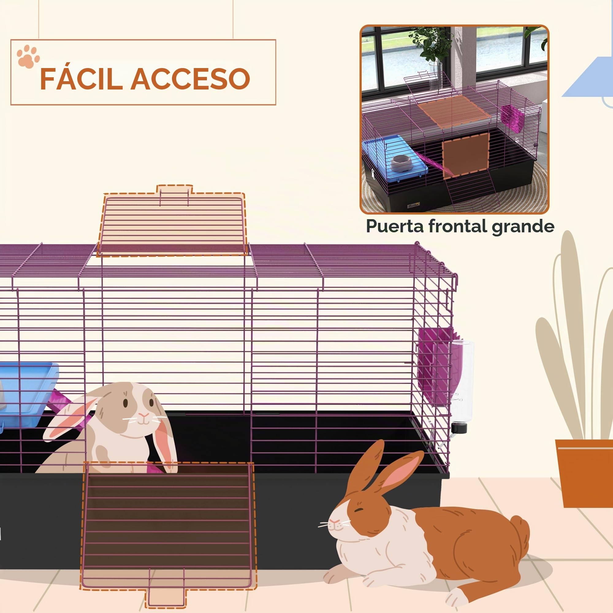 PawHut Jaula para Conejillos de Indias para Chinchillas, Jaula para Animales pequeños con rampa, Plato, Botella de Agua, 99 x 52 x 53 cm, Color Negro | Jaula para animales pequeños, plato, botella de agua