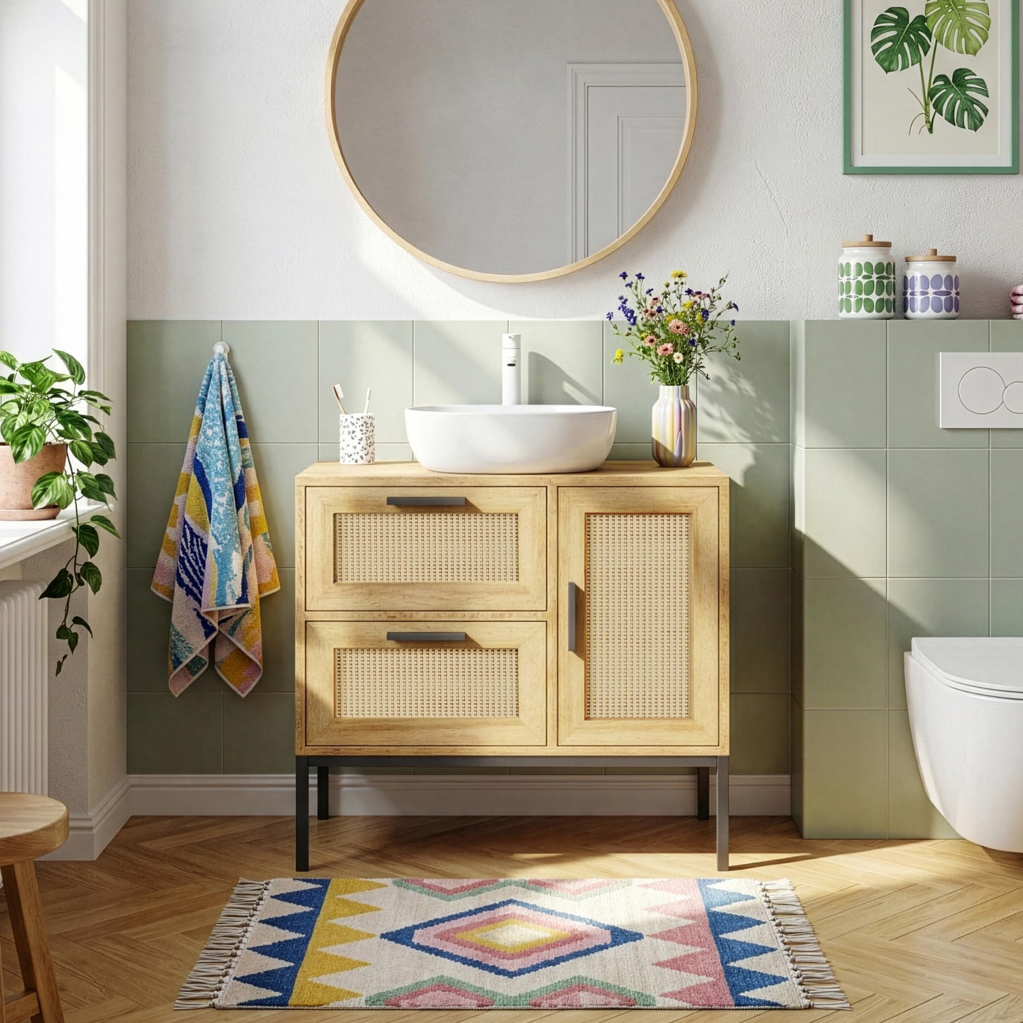 [en.casa] Meuble sous Lavabo avec 1 Porte et 2 Tiroirs avec Façade Effet Rotin Décoratif Structure Stable Métal Panneau de Particules Salle de Bain Toilette Buanderie 60 x 60 x 40 cm Effet Chêne Noir