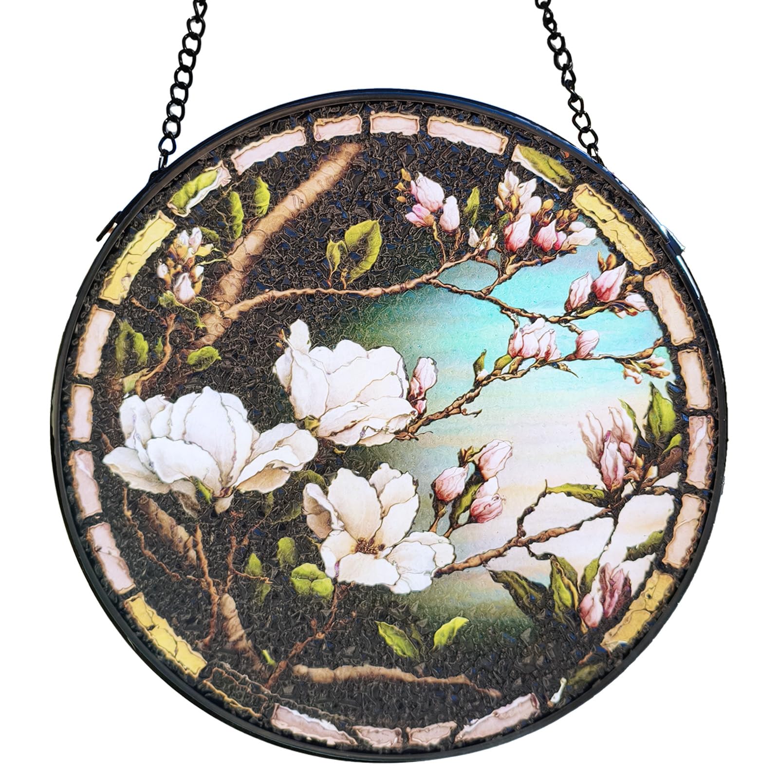 Stained Glass Window Hanging Suncatcher - 20cm Floral Magnolia Sun Catchers for Windows Doors Home Decor - Nana Grandma Women Gifts for Mother's Day Birthday