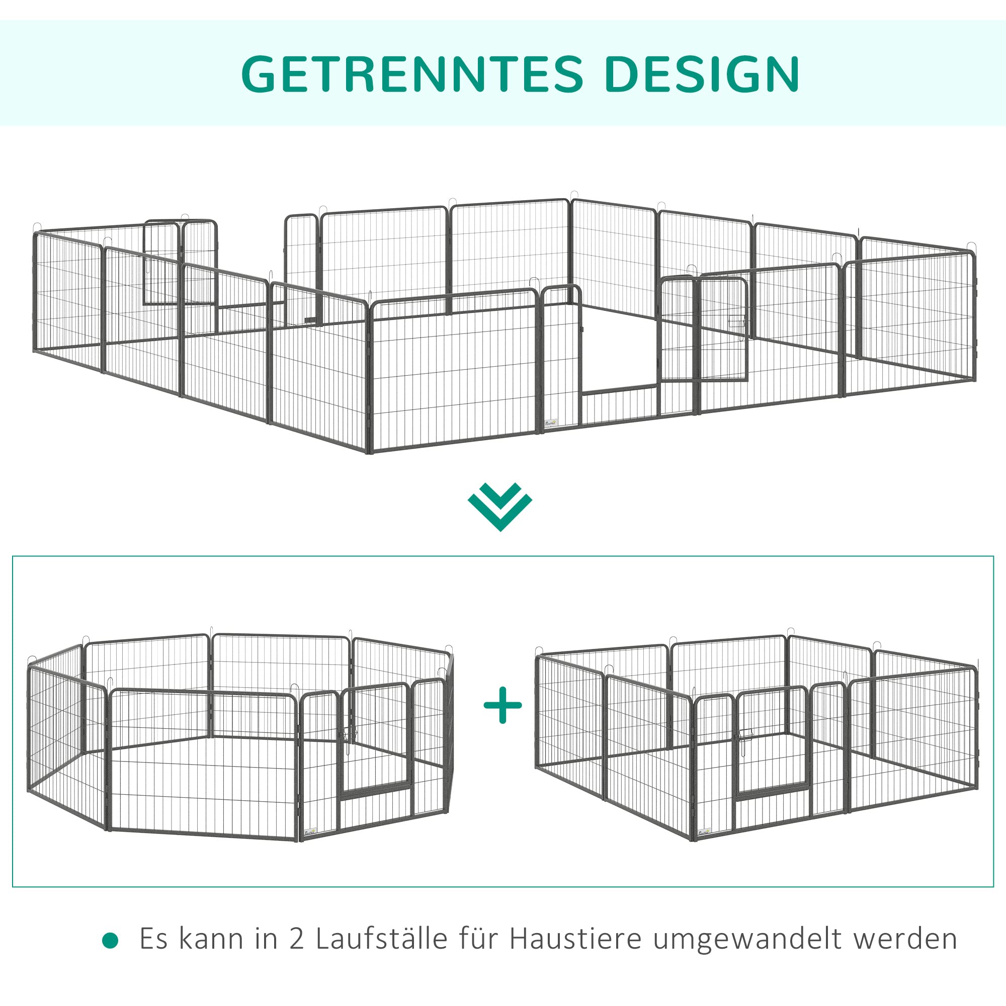 PawHut Welpenlaufstall, 16-teilig 60cm hoch Welpenauslauf faltbar mit abschließbarer Tür 16 Gitterplatten Stahl Hundelaufstall Freilaufgehege für kleine Hunde, für drinnen und draußen, Grau