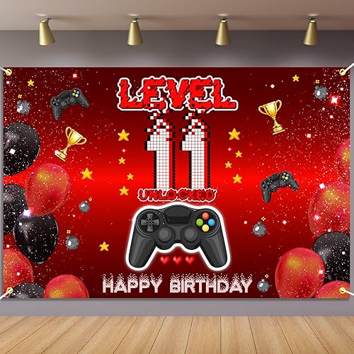 Miniatura 1 de Pancarta de fondo desbloqueada de nivel 11, decoración de videojuegos en feliz cumpleaños 11 para niños, rojo y negro de 11 años de edad, tema de