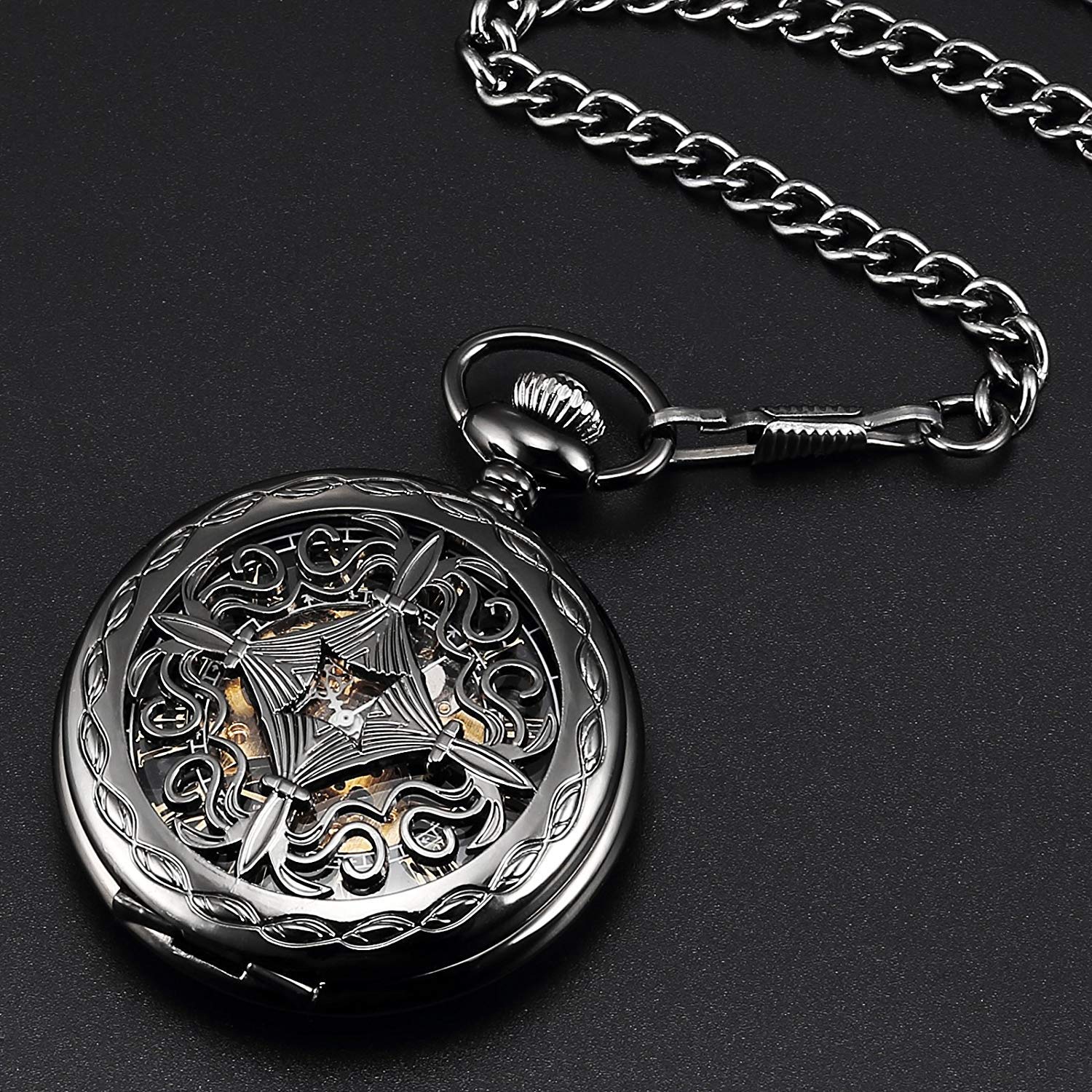 TREEWETO Orologio da tasca meccanico da uomo in bronzo antico/nero Steampunk con cassa in rame scheletrato per uomo, Nero
