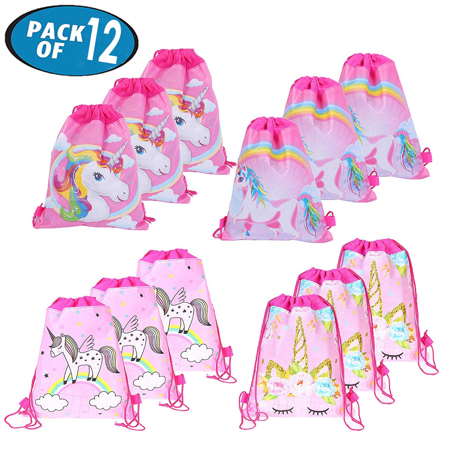 Unicorn Party Supplies Favors Bags for Kids Boys Girls, Drawstring Goodie Treat Bags for Birthday Party Gifts (12 Pack)