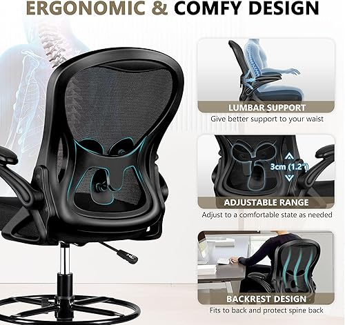 Miniatura 3 de Winrise Silla de dibujo, silla alta de oficina, silla ergonómica de escritorio de pie, silla de computadora con soporte lumbar, silla giratoria con