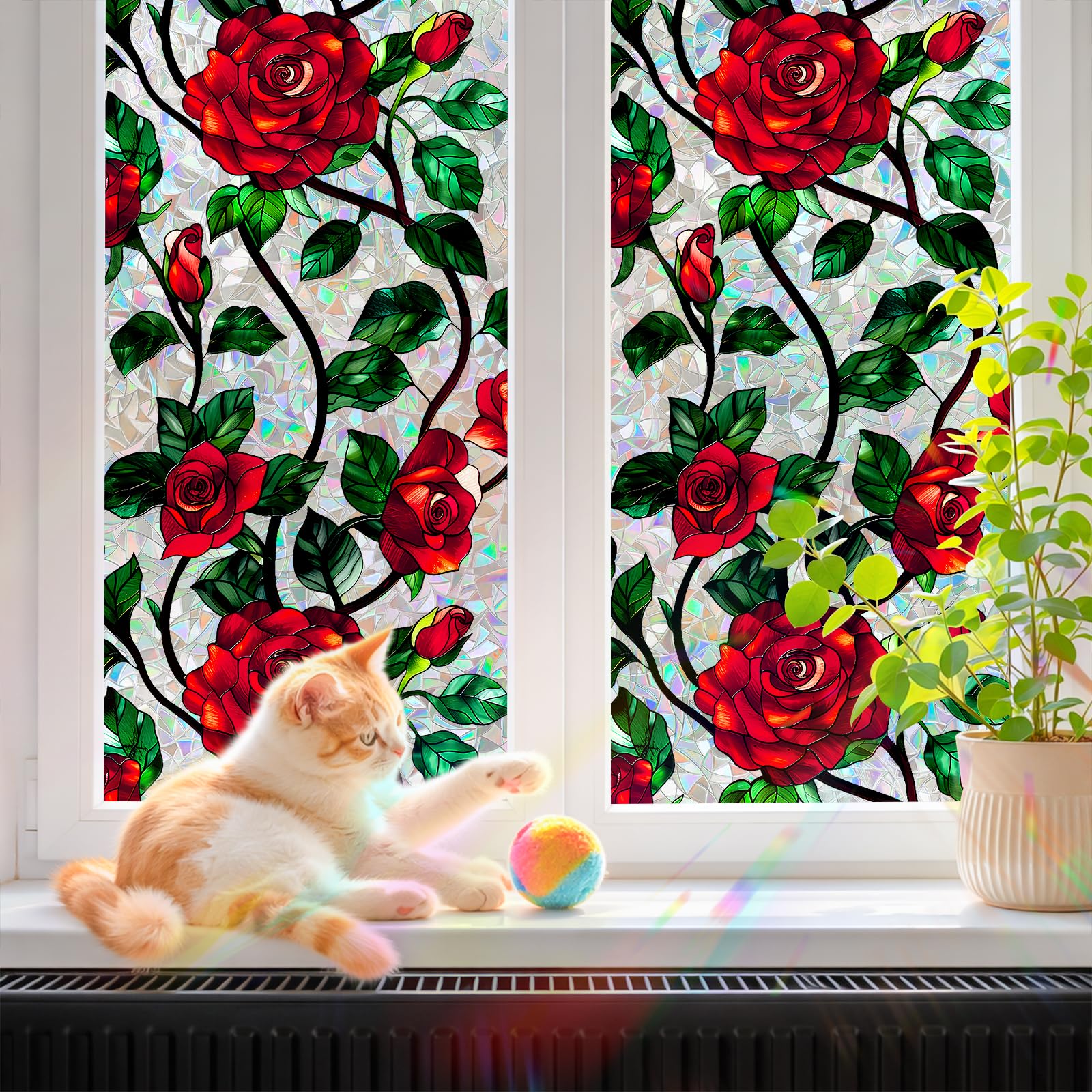 Zindoo Stained Glass Window Film Privacy Film for Glass Windows 60x200cm, Decorative 3D Rose Rainbow Stickers UV & Glare Blocking, Static Cling No Glue Coverings Decals for Home Door