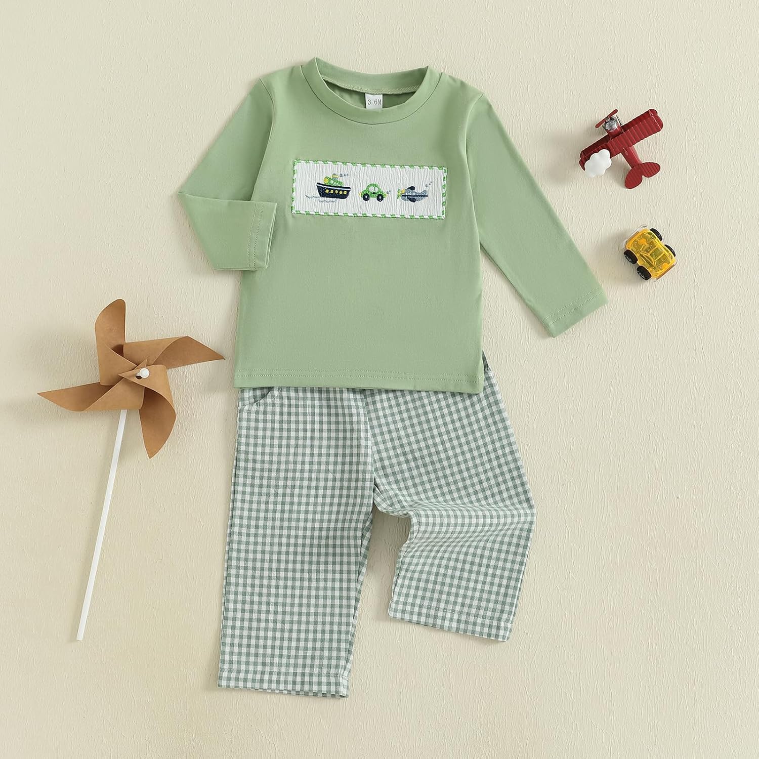 Toddler Baby Boy Fall Outfit Airplane/Boat Smocked Long Sleeve T-Shirt Tops Plaid Pants Set Pilot Planet Clothes - Image 3