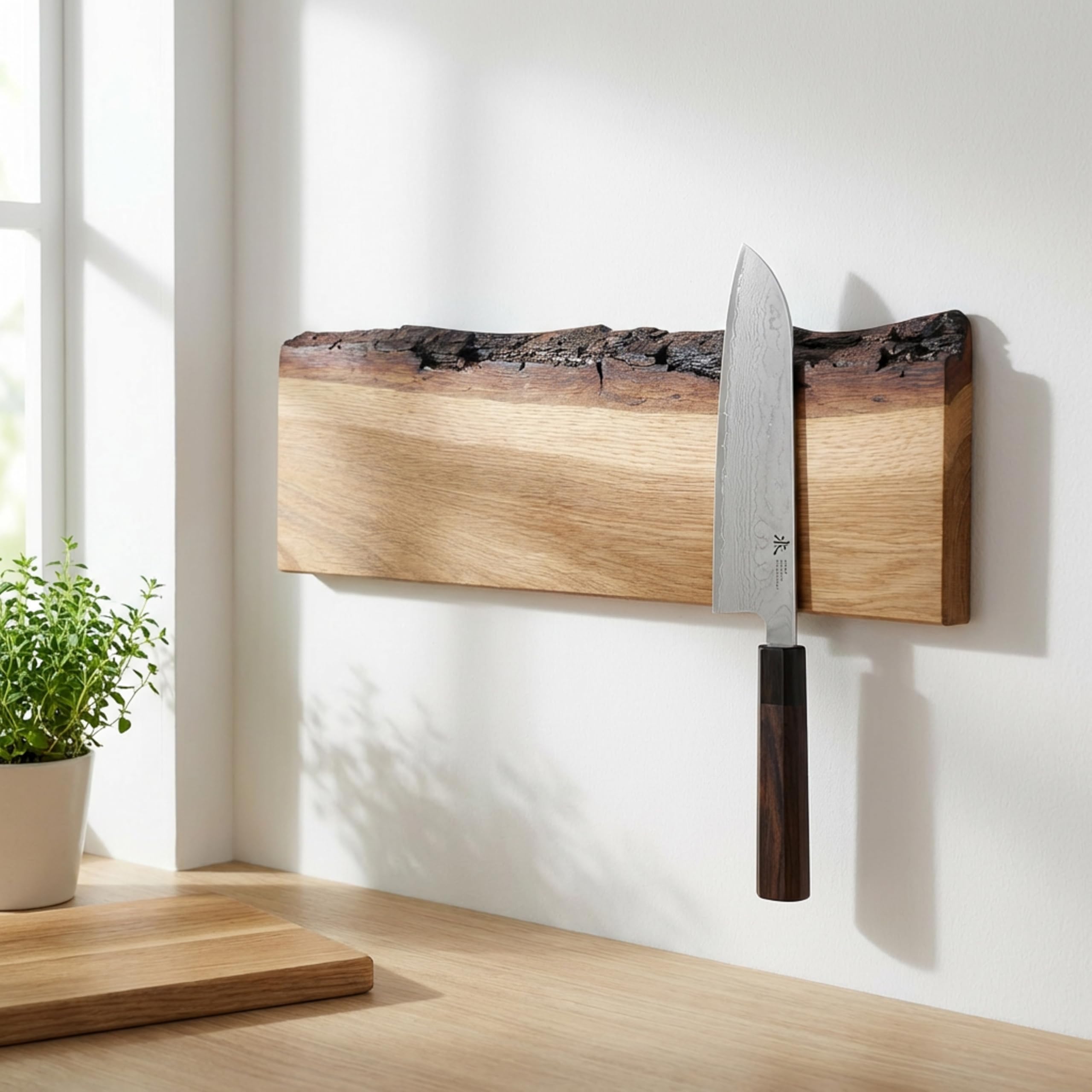 magnetische Messerleiste aus massiver Eiche mit natürlicher Baumkante - handgefertigt in Deutschland - stilvolles Geschenk für Sie & Ihn - edles Küchenzubehör