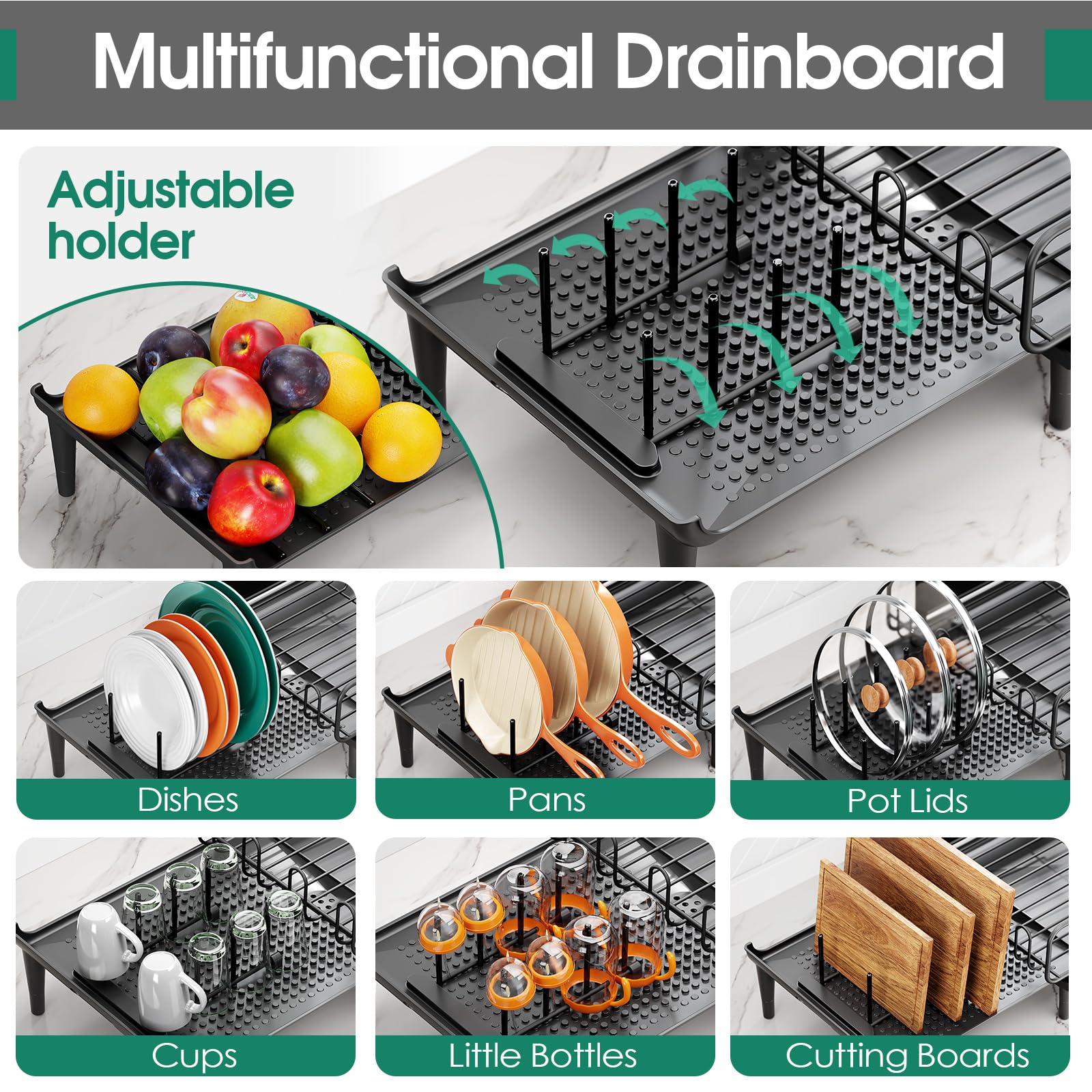 Urackify Escurridor de platos, de acero inoxidable, expandible (14.5 a 25.3 pulgadas) y escurridor de platos con estante plegable, soporte para utensilios para encimera, 1 pieza color negro