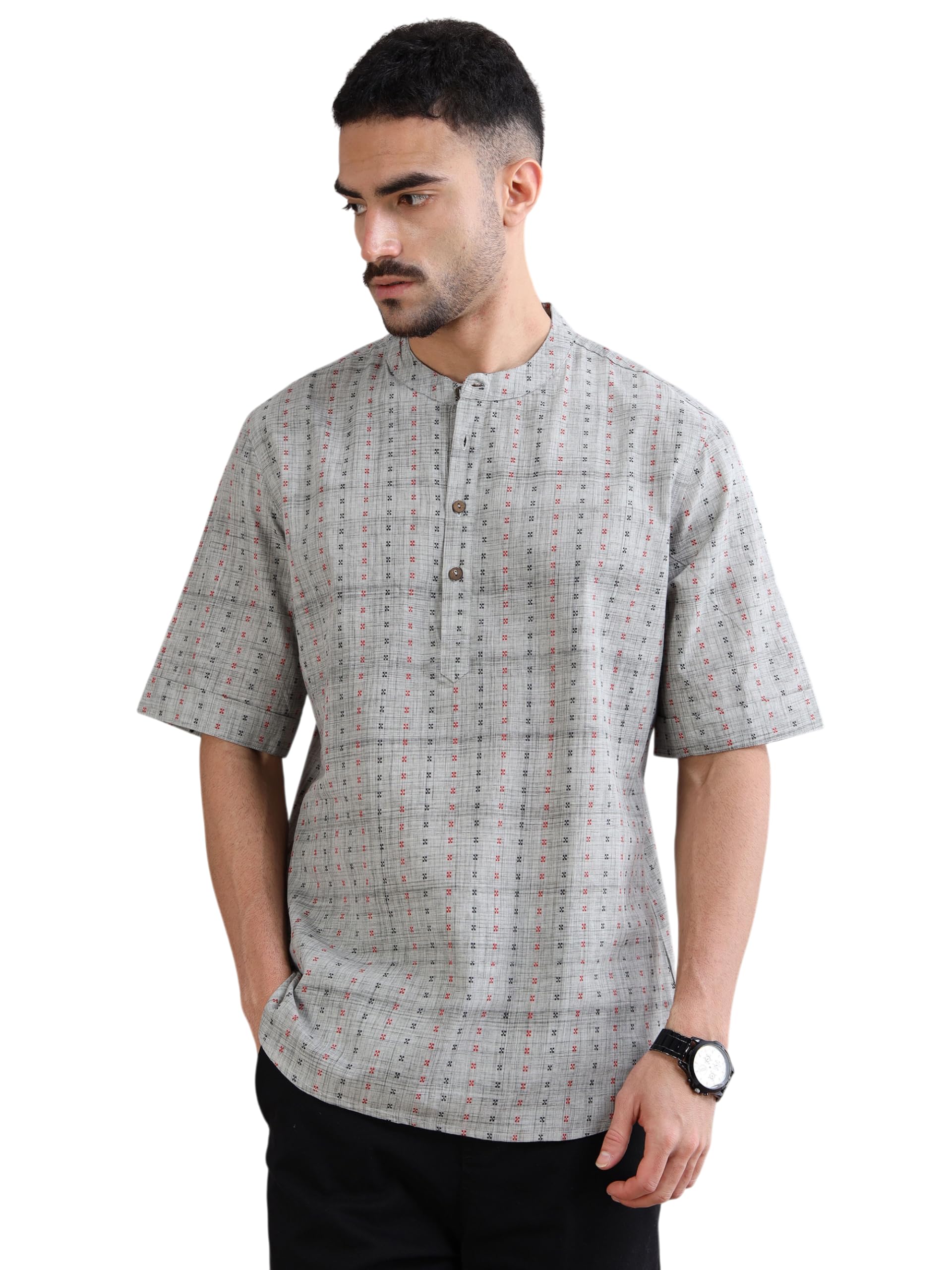 filori Men's Pure Cotton Woven Checks Design Kurta | Half Sleeves | Mandarin Collar | Button Closure | Multiple Colors & Sizes | Wedding, Festive, Casual, Ethnic Wear-picture-56