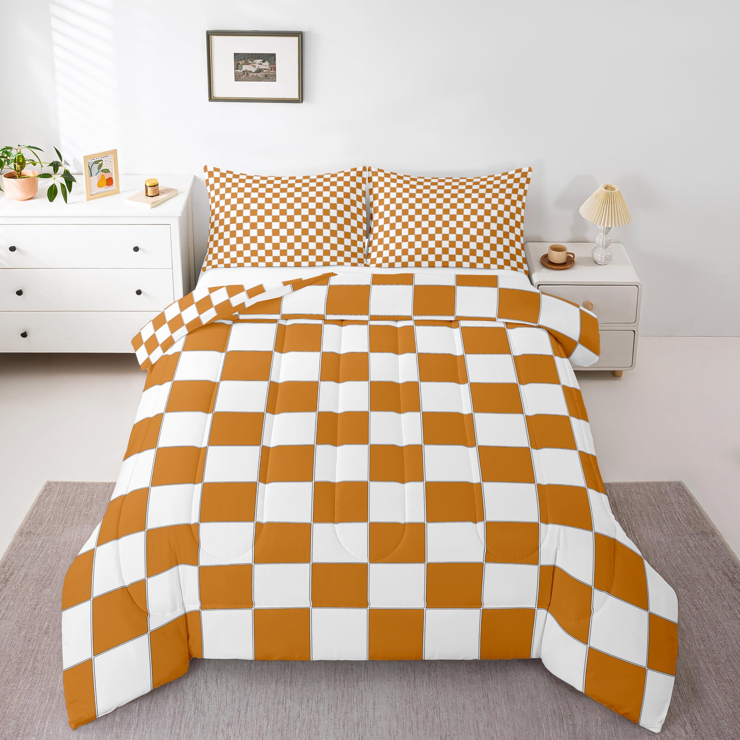 Erosebridal White Orange Checkered Bedding Set Full Buffalo Plaid Grid Comforter Set,Checkerboard Quilt Set for Kids Adults Men Women Aesthetics Gingham Duvet Set Modern Room Decor