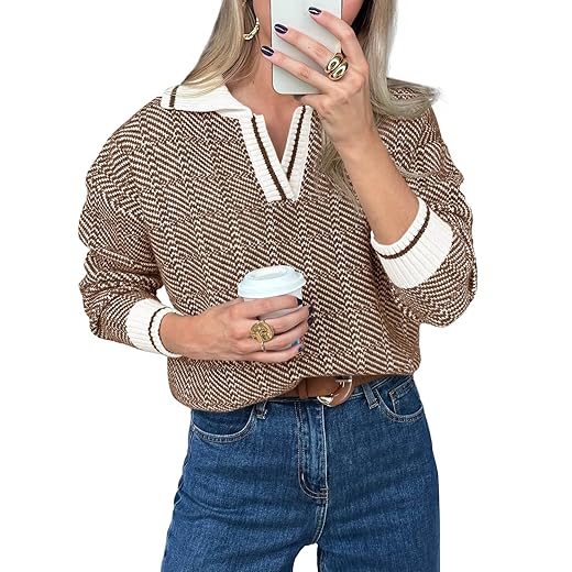 Saodimallsu Womens Fall Sweaters Tops Lapel V Neck Knit Sweater Color Block Long Sleeve Casual Soft Pullover Shirt