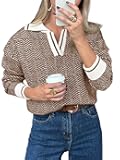 Womens Fall Sweaters Tops Lapel V Neck Knit Sweater Color Block Long Sleeve Casual Soft Pullover Shirt