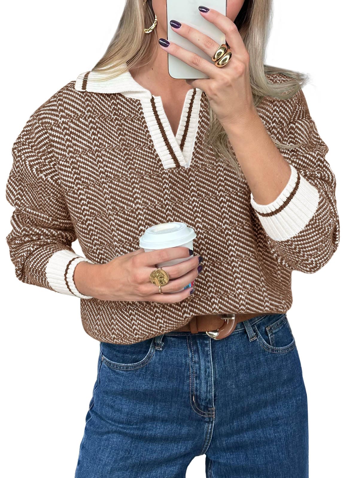 Saodimallsu Womens Fall Sweaters Tops Lapel V Neck Knit Sweater Color Block Long Sleeve Casual Soft Pullover Shirt