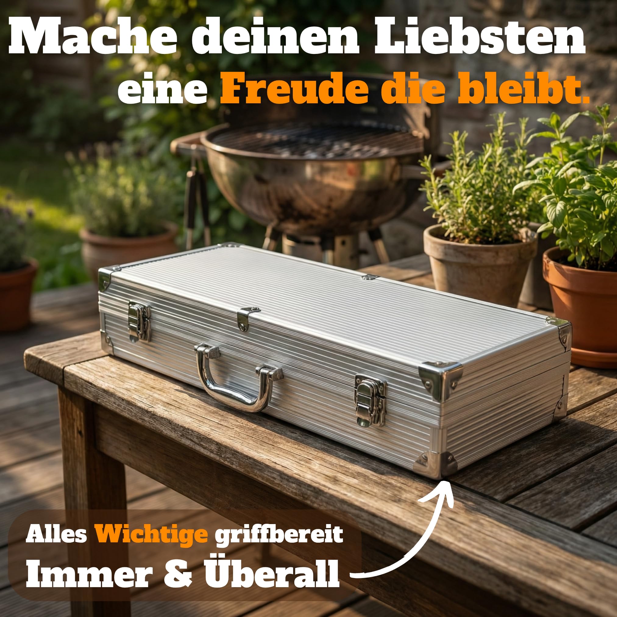 Grillkoffer Grillset für Männer - Grill Set mit Metallkoffer aus Edelstahl, Grillbesteck & Grill Zubehör, 3 in 1 Wender mit Flaschenöffner und Schneidekante