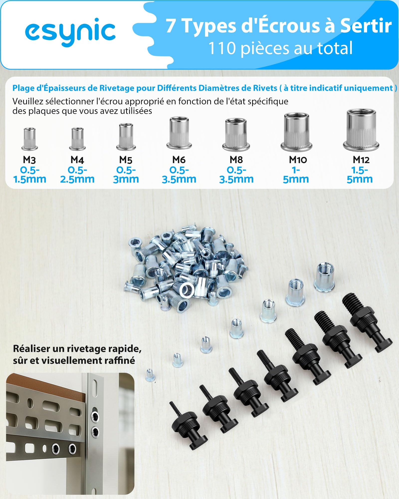 eSynic 13" Pince à Insert Fileté avec 7 Mandrins M3 M4 M5 M6 M8 M10 M12 avec 110 Écrous Pince à Riveter Riveteuse Poignée Antidérapante Remplacement Aisé Pince à Rivet Insert avec Tui de Transport