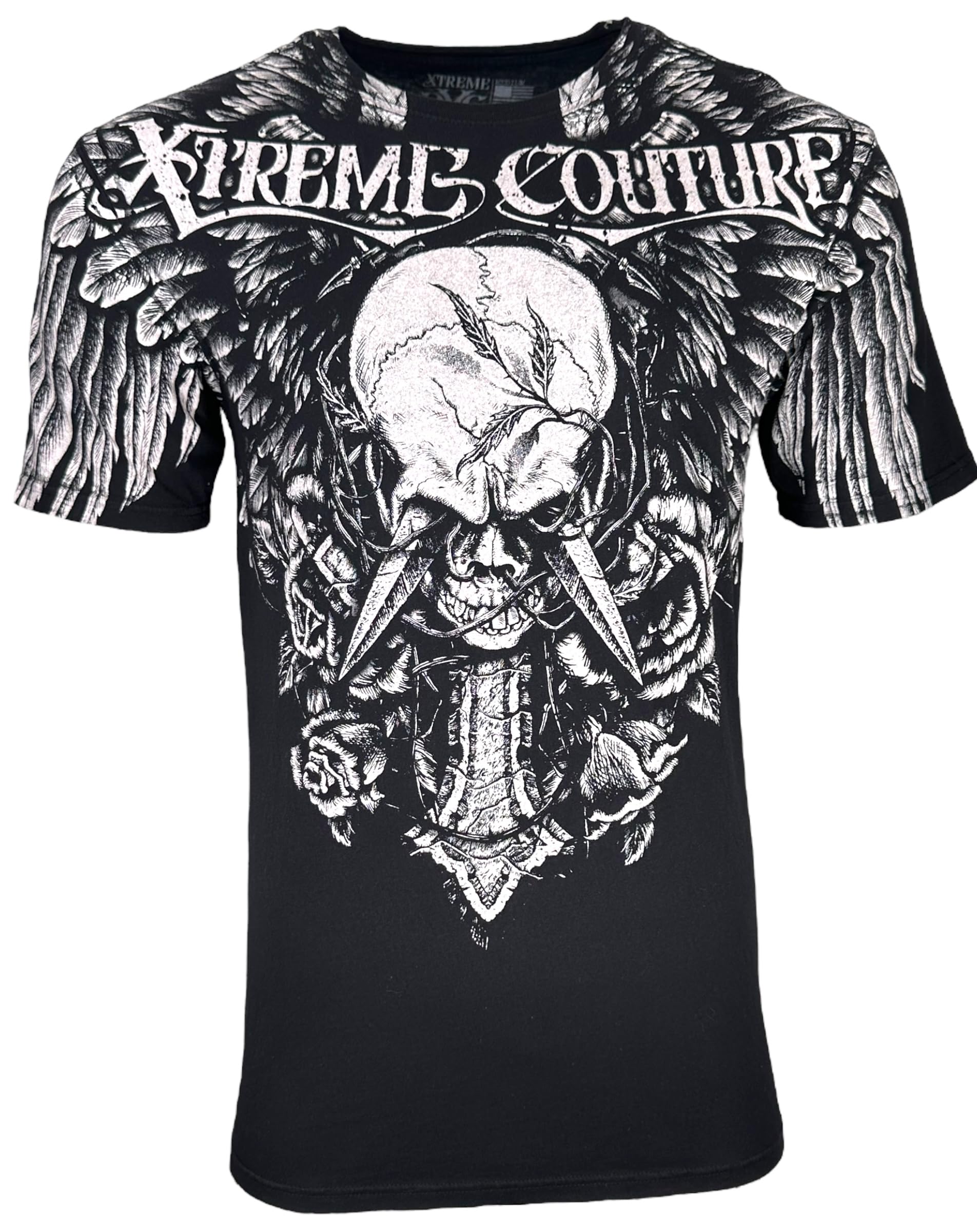 Xtreme Couture by Affliction Men's T-Shirt, Gothic Skull and Cross Design, Black, Black, XS