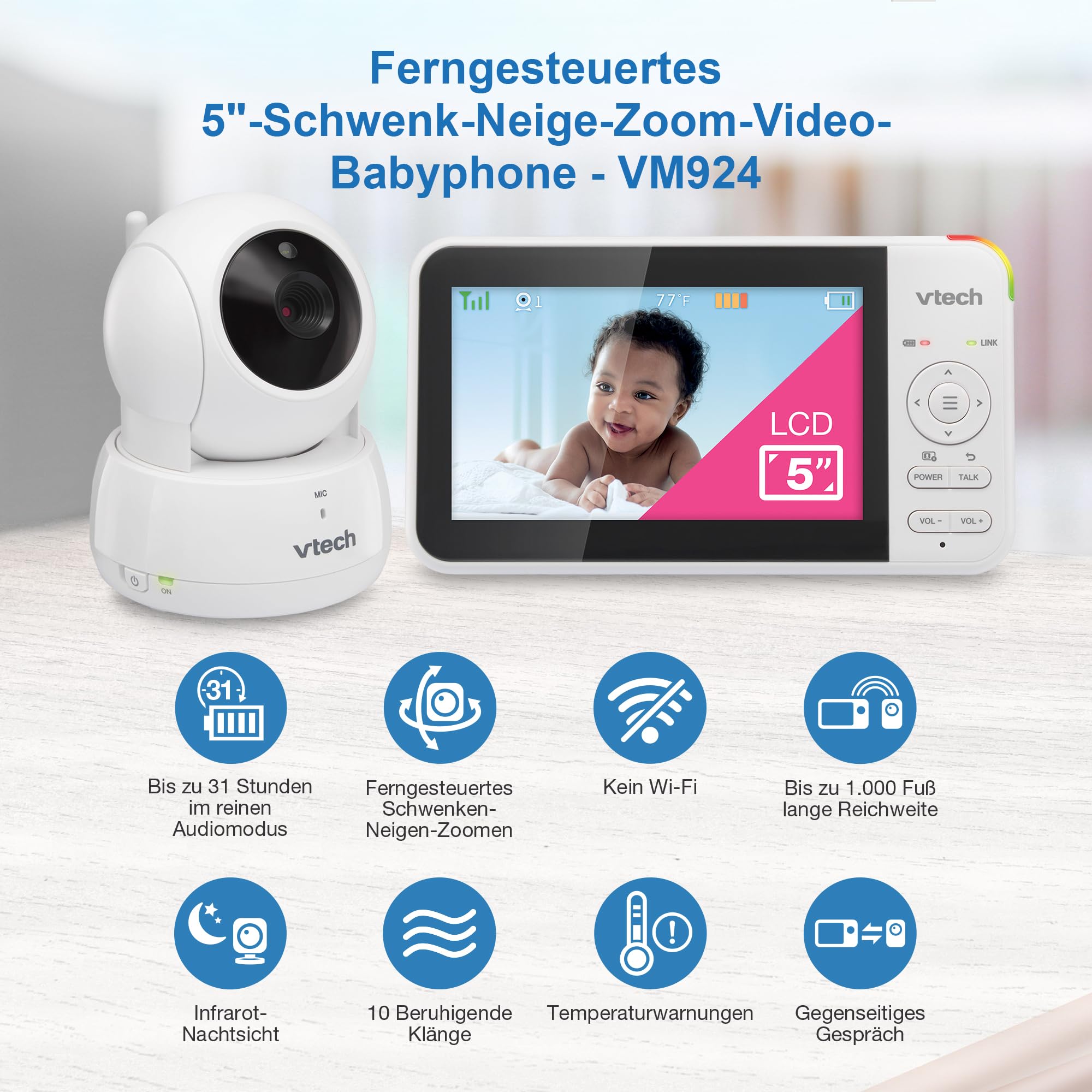 VTech VM924 Video Baby Monitor with Camera, 5 Inch LCD Display, 31 Hours Battery Life, Night Vision, 300 Metre Range, Pan Tilt Zoom, Lullabies, Soothing Sounds, Temperature Sensor