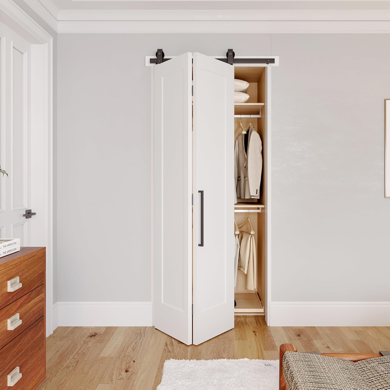 JUBEST 36 in. x 84 in. Bi-fold Door, Shaker Style Flat 1 Panel Primed Bi-Fold Sliding Barn Door Hollow Core Interior Folding Doors with Hardware Kit