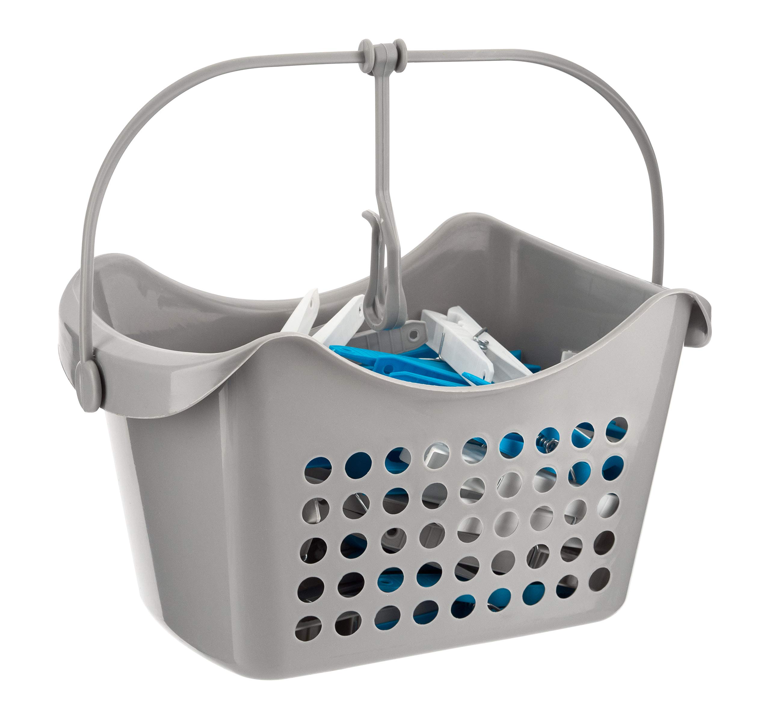 50 Large Clothes Pegs in Hanging Storage Basket for Washing Line Laundry Airer Strong Basket Garments Indoor/Outdoor Assorted Colours Pegs with Basket (Grey)