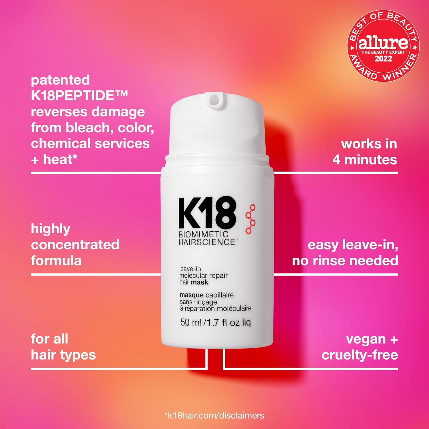 K18 Leave-In Molecular Repair Hair Mask, Patented, Lasting Repair For Dry, Frizzy, Damaged Hair, Reverse Damage In 4 Minutes From Bleach, Color, Chemical Services + Heat