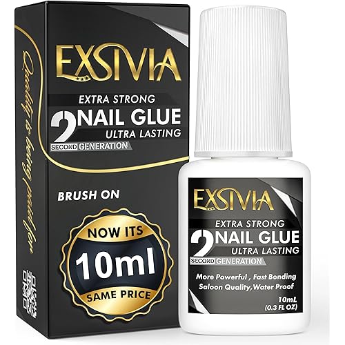 Super Strong Nail Glue for Press On Nails, Acrylic Nails & Nail Tips (10ml) Exsivia 2nd Gen NailBond for Fake Nails, Extra Strength,Long Lasting, Brush on Adhesive, No Dehydrator or Primer Needed