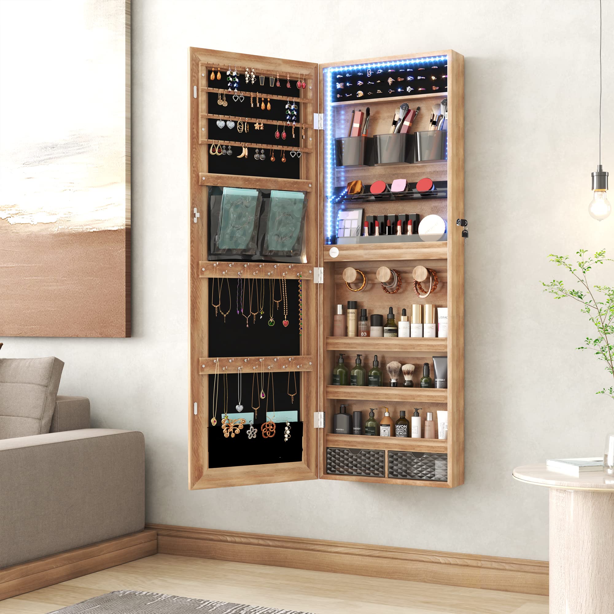 LVSOMT 3 LEDs Mirror with Jewelry Storage, Wall Mounted Mirror Jewelry