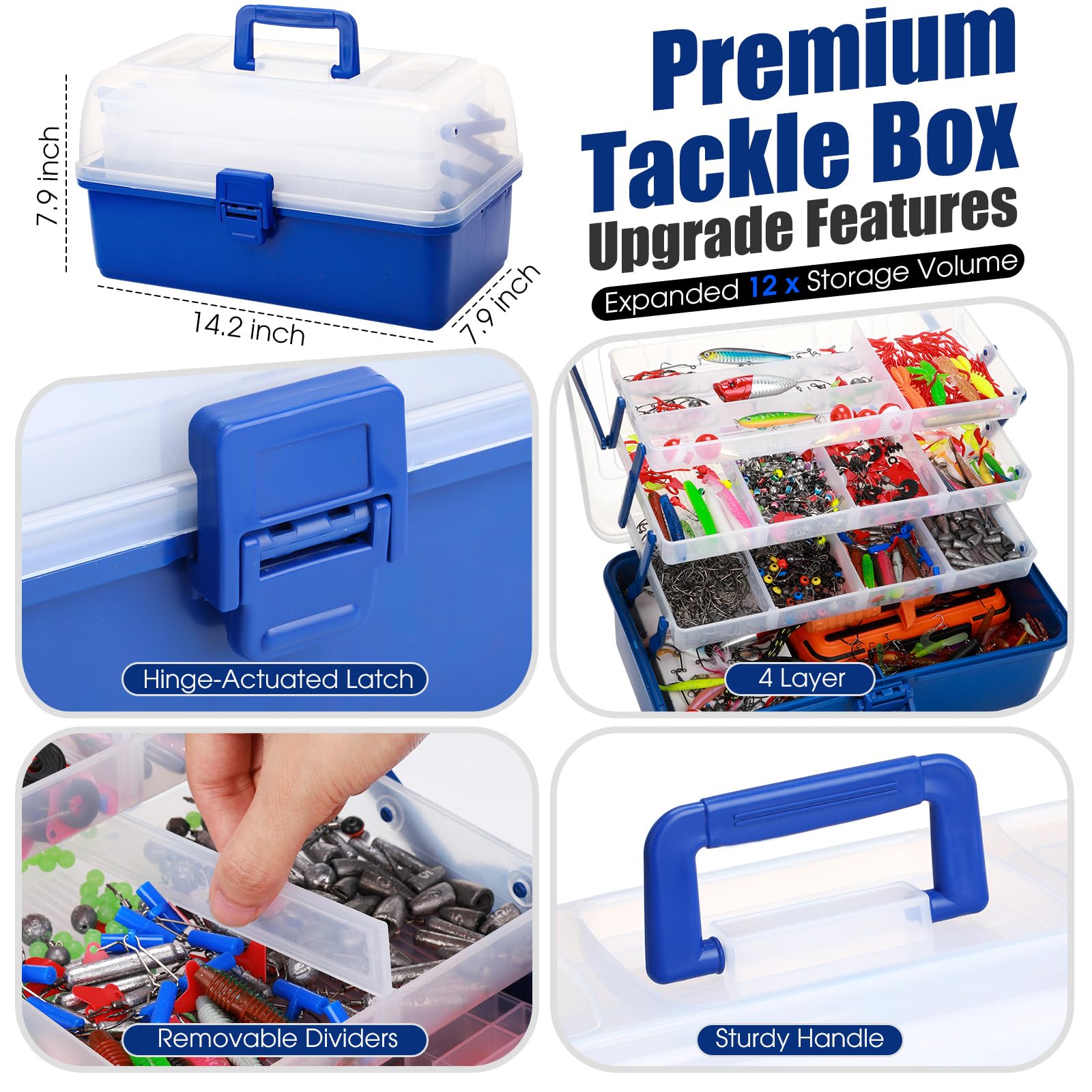 RoundFunny 756 Stück große 4-lagige Angelbox mit Angelköder-Set inklusive, Zange, Lippengreifer, Haken, Gewichte, Sinker, Crankbait und anderes Zubehör, Ausrüstung und Ausrüstung, Geschenk für Männer