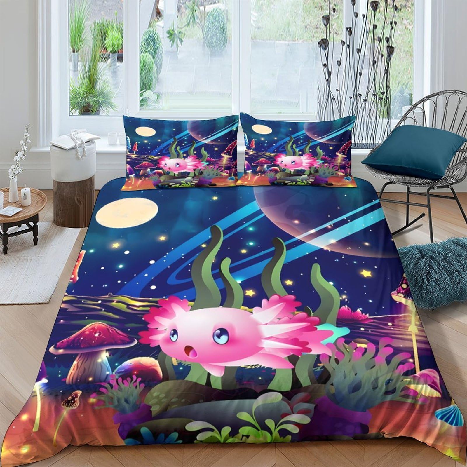 Ctjqhvkz Style-10 3D Printed Cute Axolotl Fitted Sheet Microfiber Soft Cartoon Underwater Planet Mattress Cover For Bedroom Home Decor Single（135X200cm）