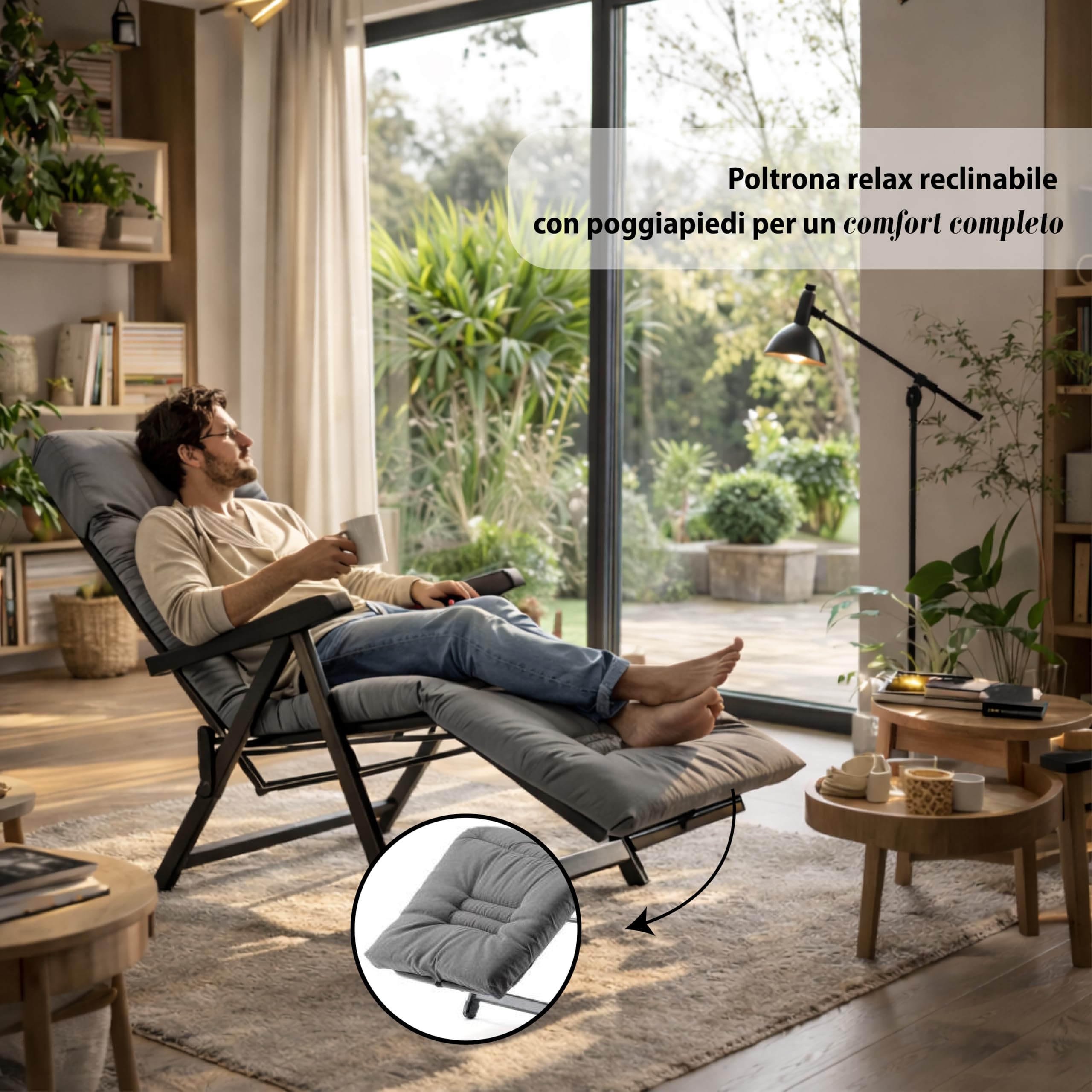 Sdraio Reclinabile Imbottita 154x60x65 cm 6 Posizioni Prolunga Estendibile Braccioli Ergonomici Struttura Acciaio Grigio Made in Italy