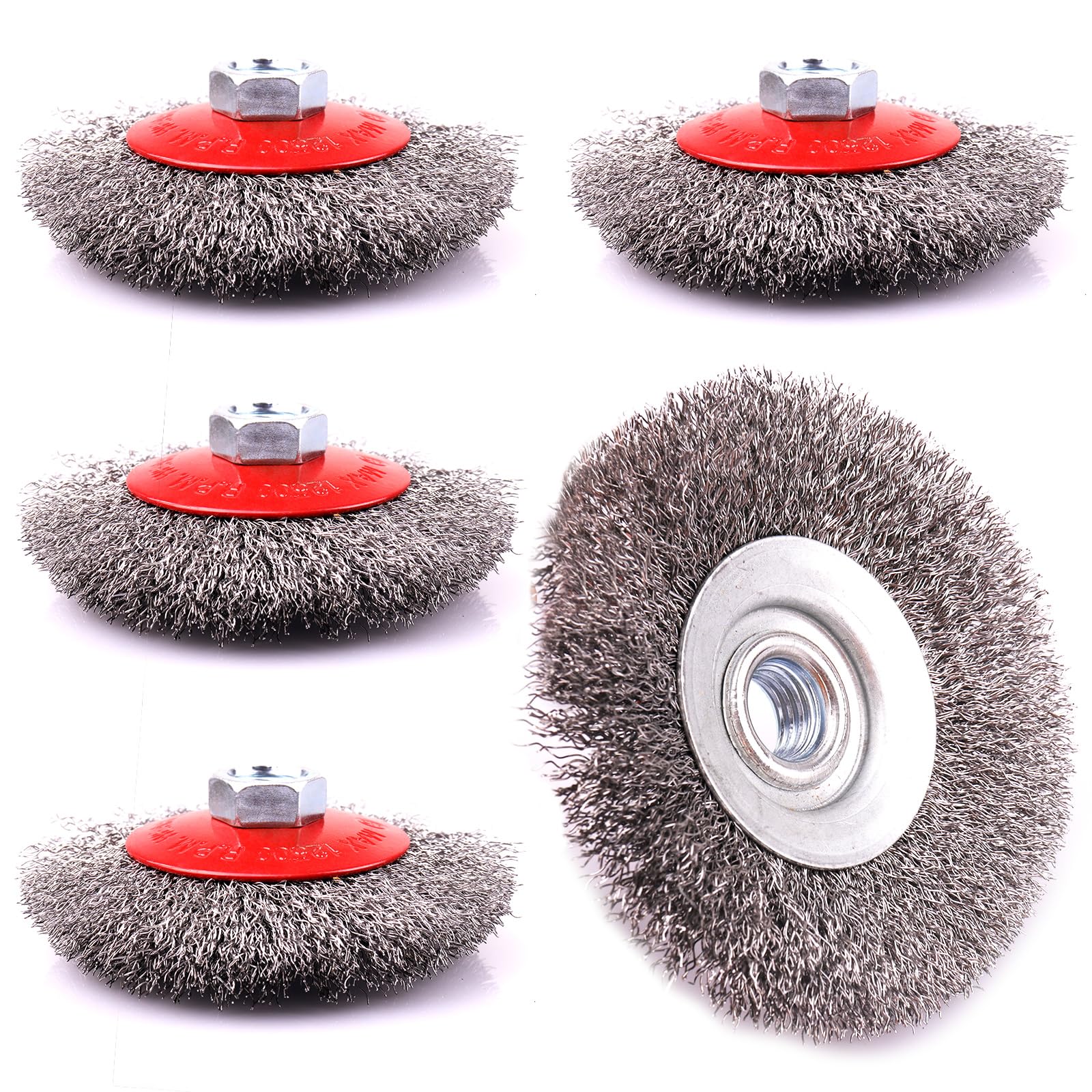 LSTOPGO 5 Pack 4 Inch Coarse Crimped Wire Wheel for 4 1/2 Angle Grinder,5/8 Inch-11 Threaded Arbor,0.014 Inch Carbon Steel Wire,Wire Brush for Rust,