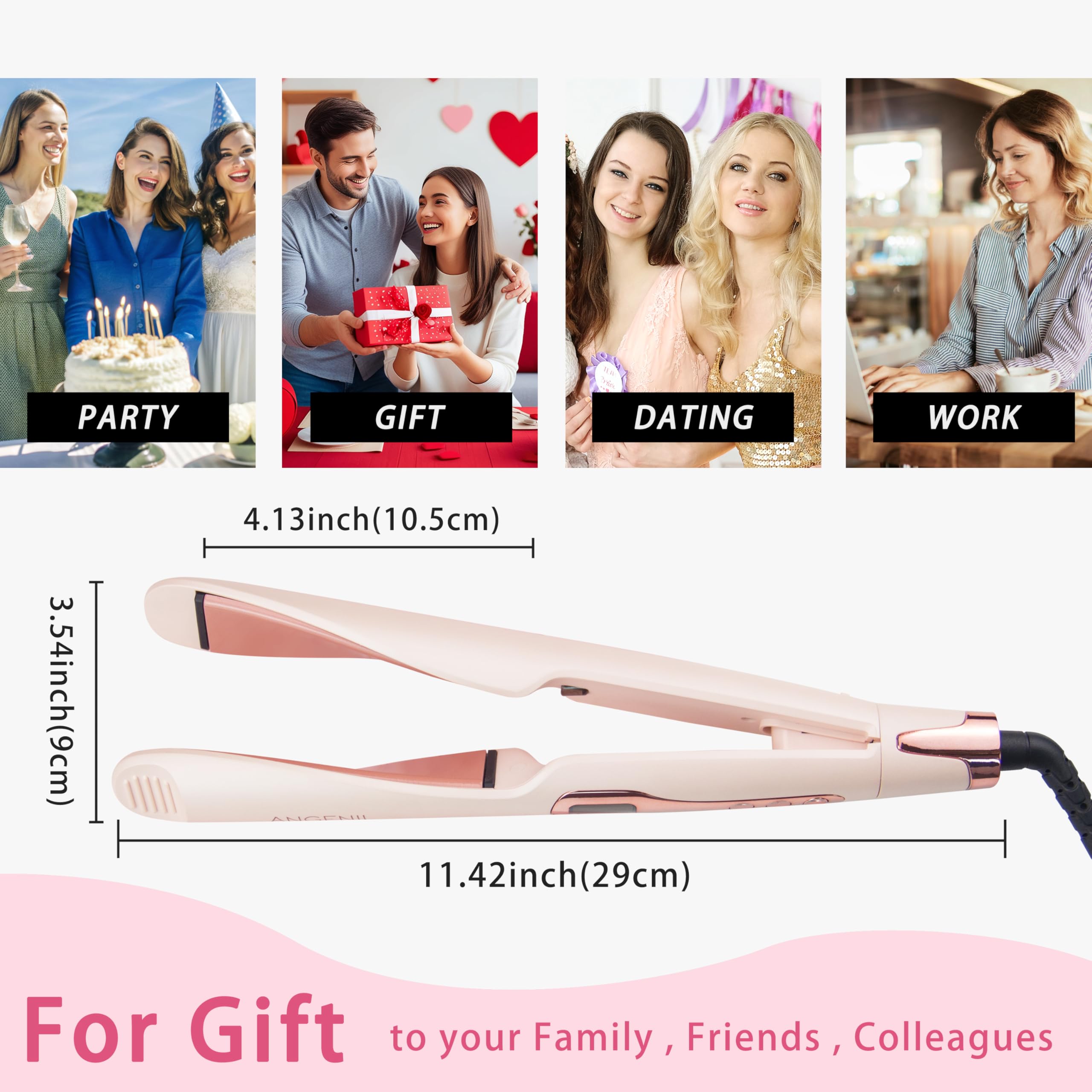 ANGENIL Lisseur Ceramic Twist pour femmes, lisseur et fer à boucler 2 en 1 pour lisser, boucler, onduler, fer à lisser rond rose double tension avec tapis en silicone résistant à la chaleur