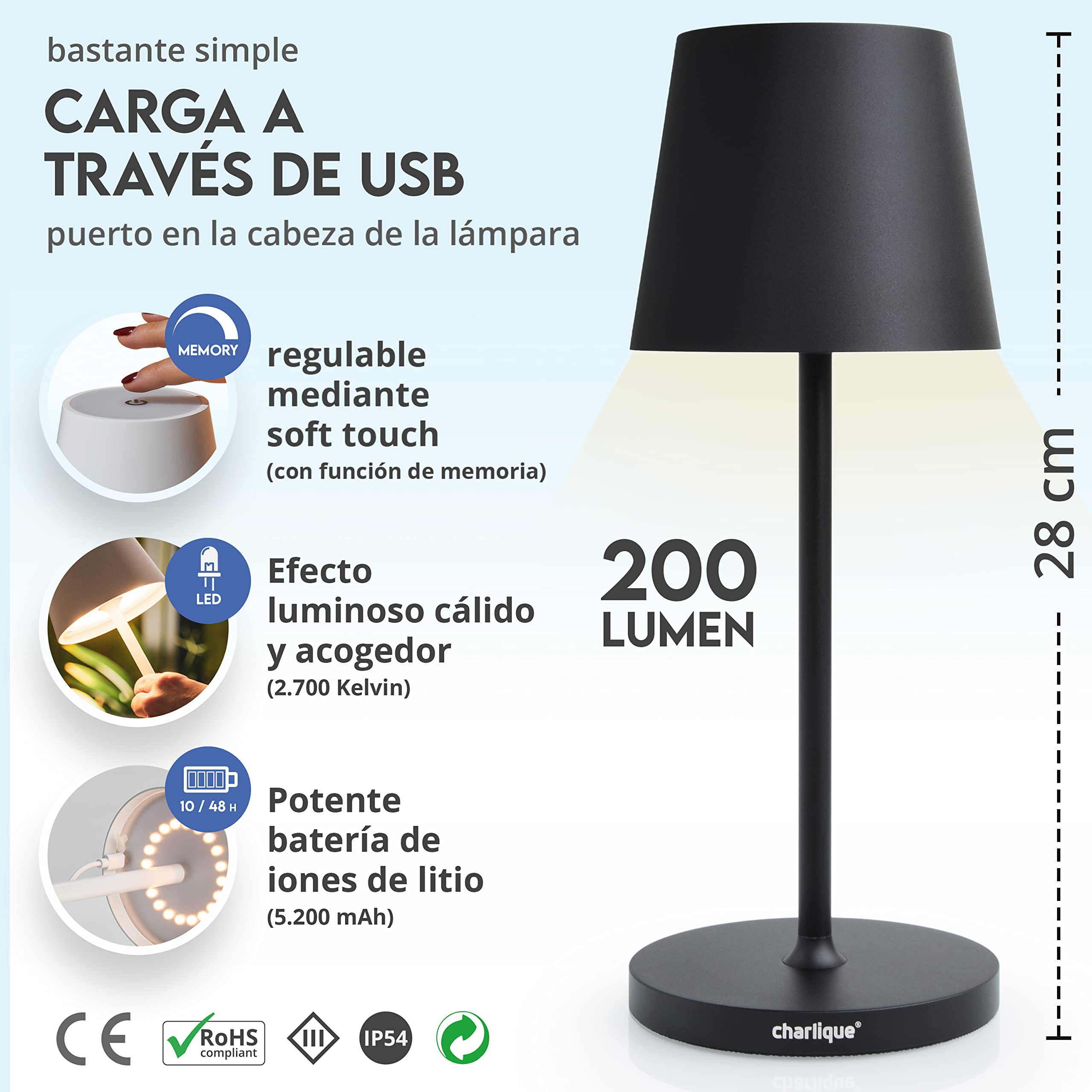 Dinner Light mini (2 piezas) pequeña Lámpara mesa LED recargable en color negro, regulable sin niveles, con batería extrafuerte, carga por USB, efecto de luz blanca cálida