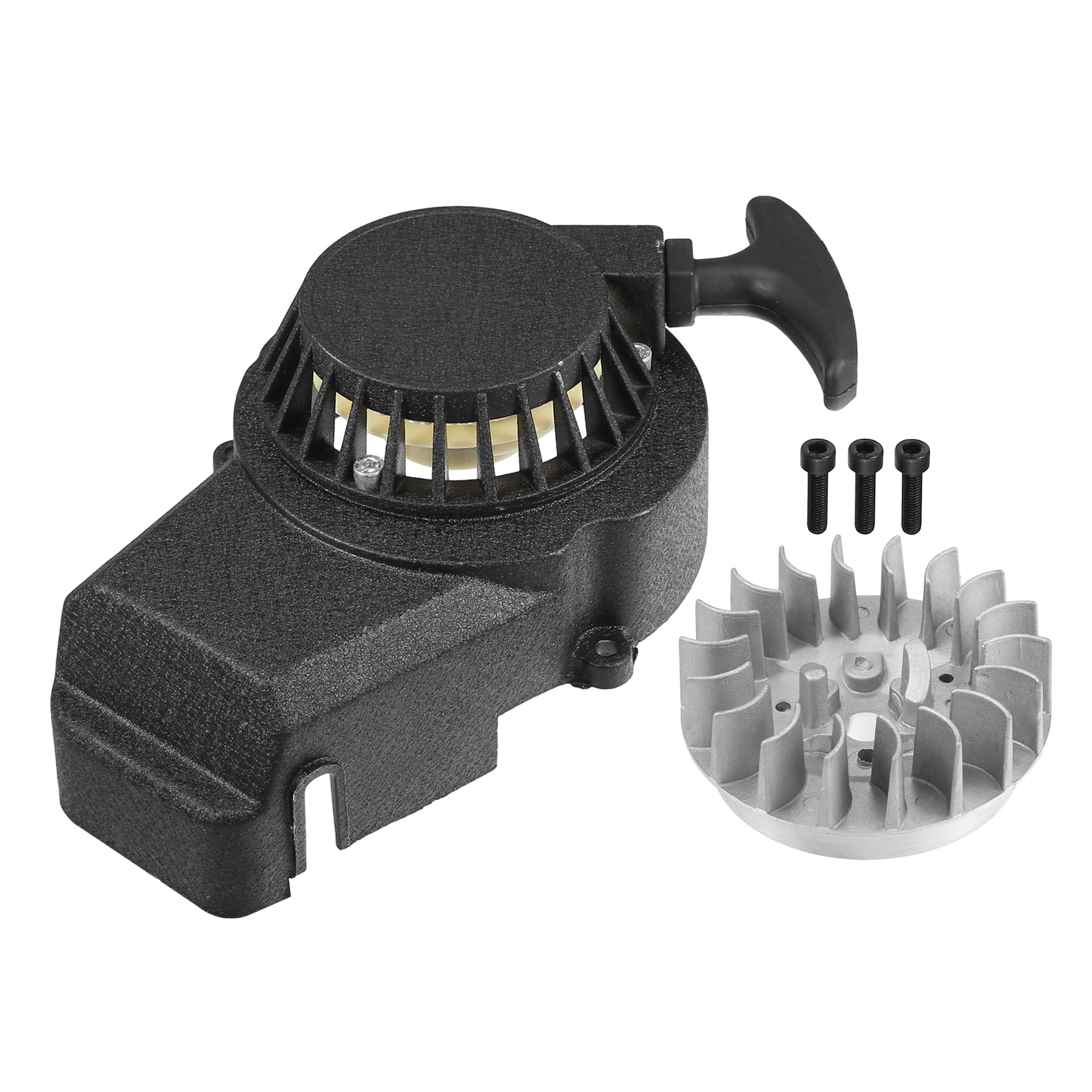 X AUTOHAUX Aluminum Alloy 1 Set Pull Start Recoil Starter with Flywheel and Screws for 47CC 49CC Mini Pocket Dirt Bike Minimoto ATV Quad Scooter Black