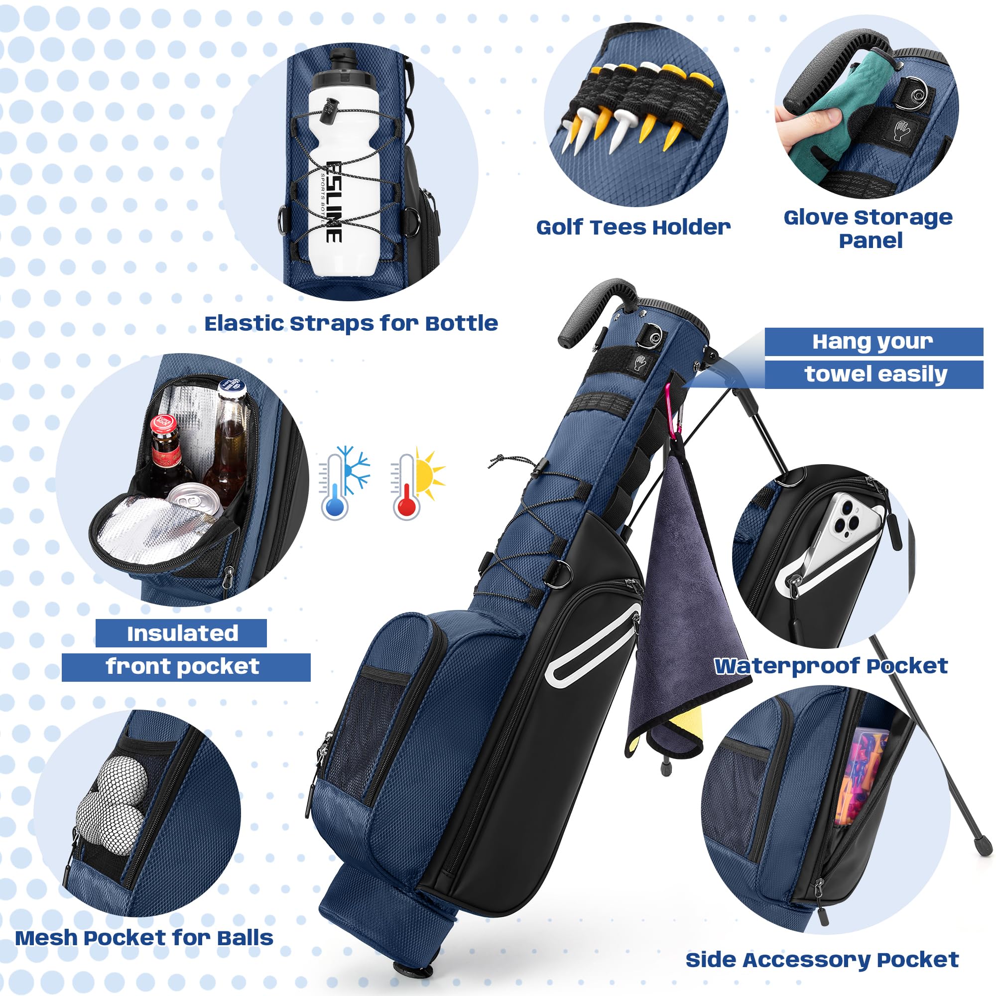 GOBUROS Sac de Golf Trépied pour 1 à 7 Clubs, Design Compact pour Parcours par 3 et Practice, Sac Idéal pour Pitch et Putt, avec Doubles Sangles Ergonomiques Rembourrées, Housse de Pluie