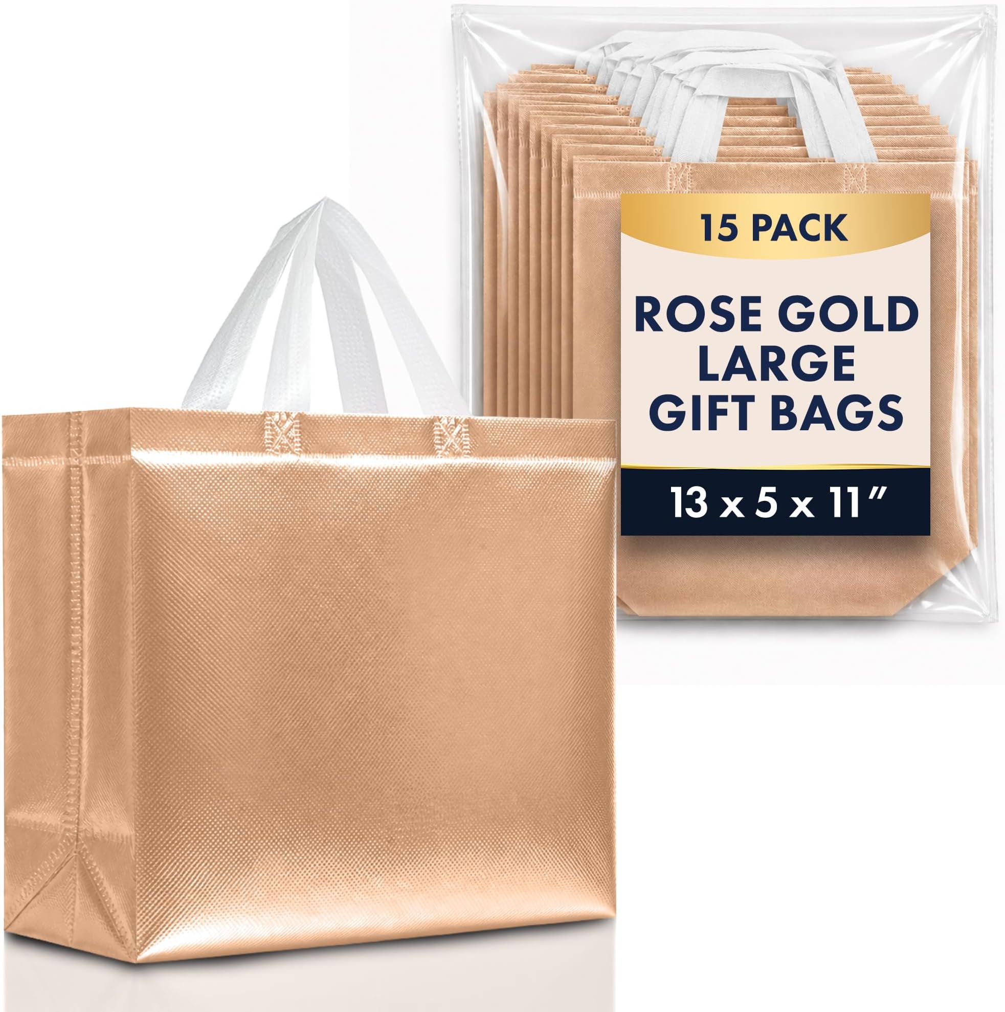 Set of 15 Stylish Reusable Grocery Bags Christmas Shopping Tote Bag Non-woven Durable Fabric Gift Bag with Handle Glossy Present Bag For Party Event, Birthday Wedding (Silver, Gold Rose, Gold)