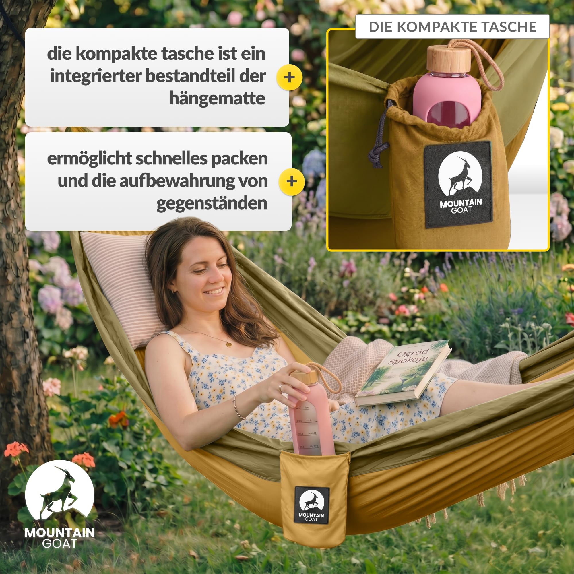 MOUNTAIN GOAT Hängematte Outdoor für 2 Personen, 300 × 200 cm, Doppelhängematte mit Befestigungs-Set, Nylon Camping Reisehängematte, 200 kg Belastung, Grün